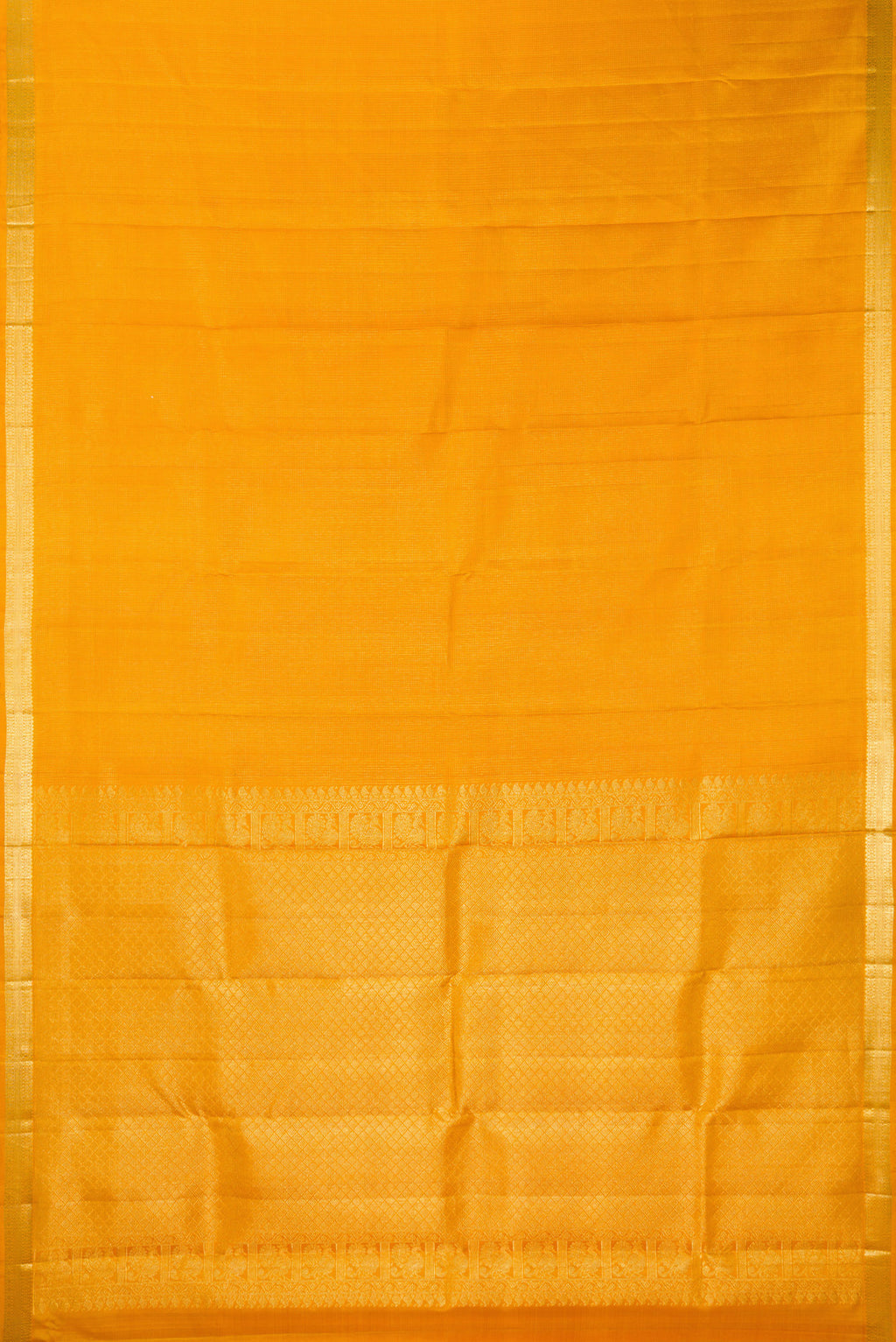 Flat view of Pure Silk Mustard Kanchipuram Saree with Stripes on the body and Zari Border. 