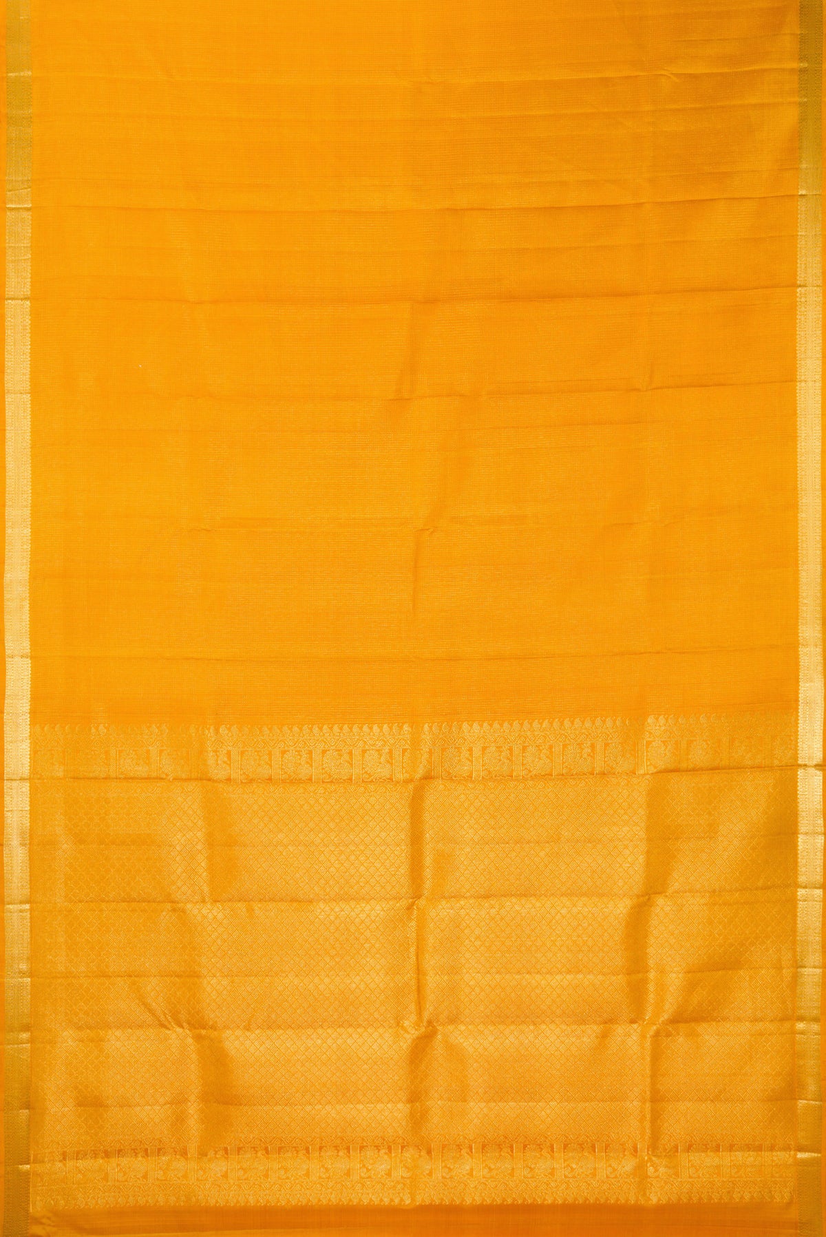 Flat view of Pure Silk Mustard Kanchipuram Saree with Stripes on the body and Zari Border. 