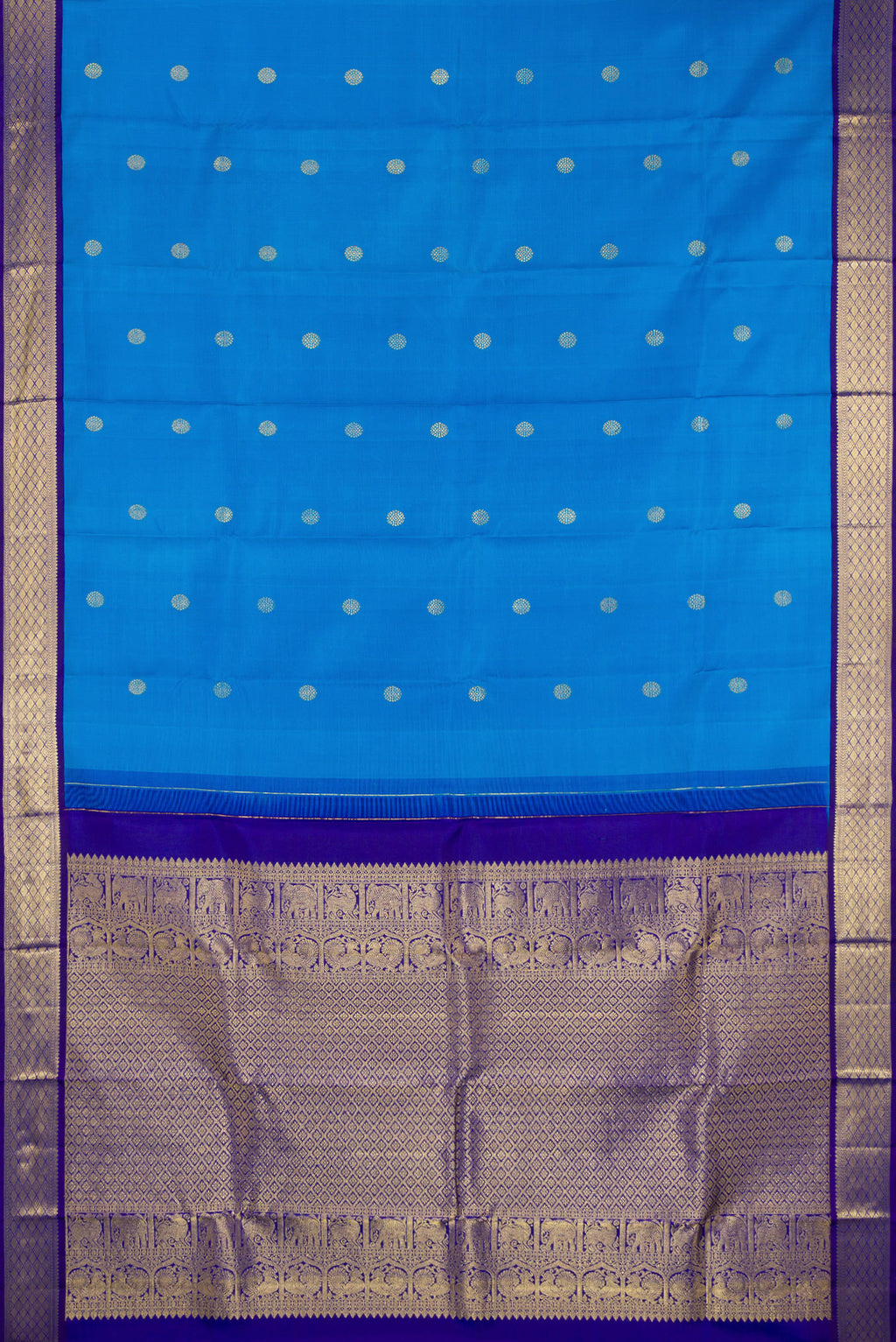 Flat view of Pure Silk Sky Blue Kanjivaram Saree with Zari Butta on the body and Zari Border. 