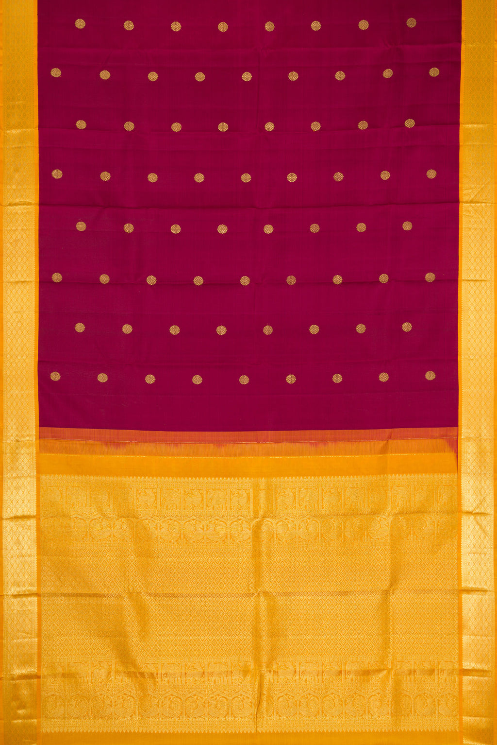 Flat view of Maroon Kanjivaram Silk Saree with Zari Butta on the body and Zari Border. 
