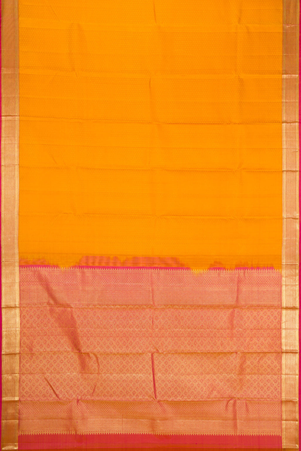 Flat view of Mustard Dual Tone Kanjivaram Silk Saree with Jacquard design on the body and Zari Border. 