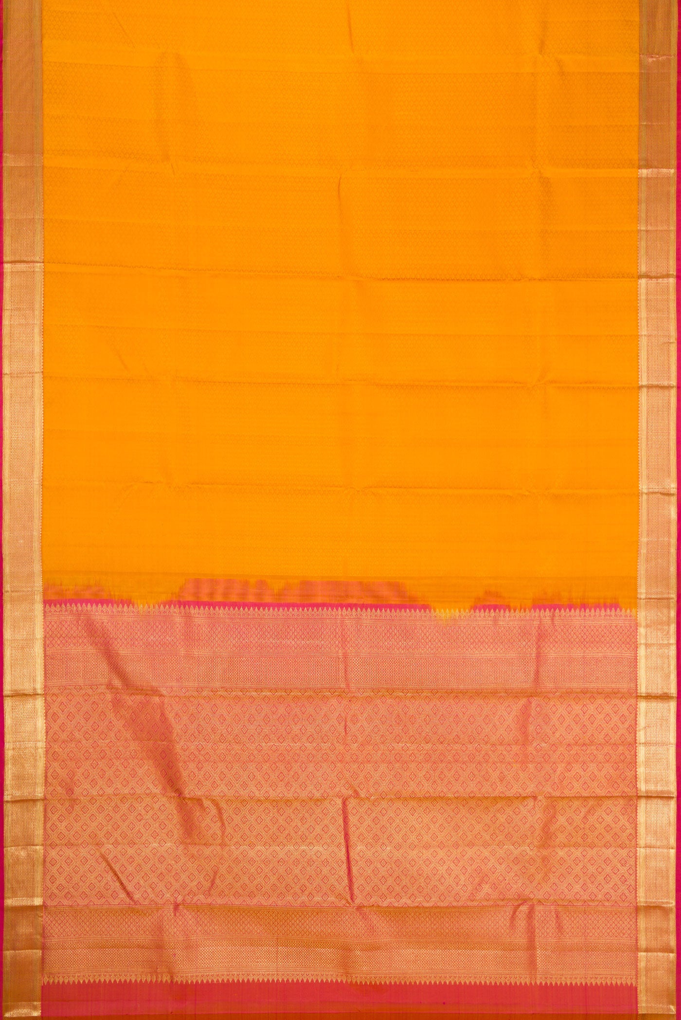 Flat view of Mustard Dual Tone Kanjivaram Silk Saree with Jacquard design on the body and Zari Border. 