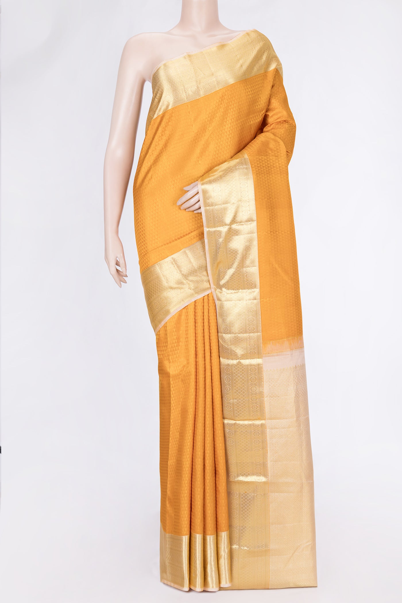 Mustard Dual Tone Kanjivaram Silk Saree with Jacquard design on the body and Zari Border.  displayed on a mannequin