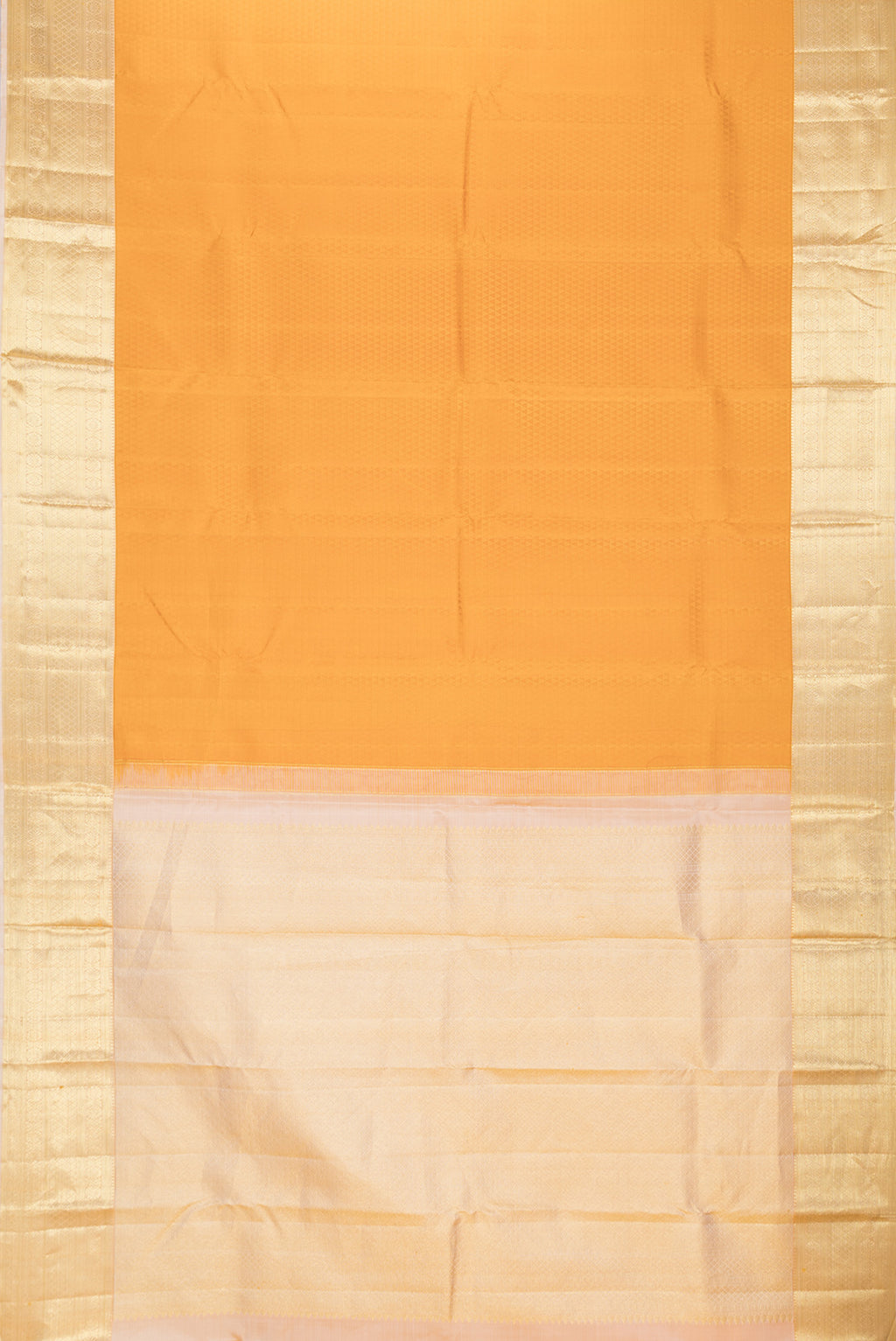 Flat view of Mustard Dual Tone Kanjivaram Silk Saree with Jacquard design on the body and Zari Border. 