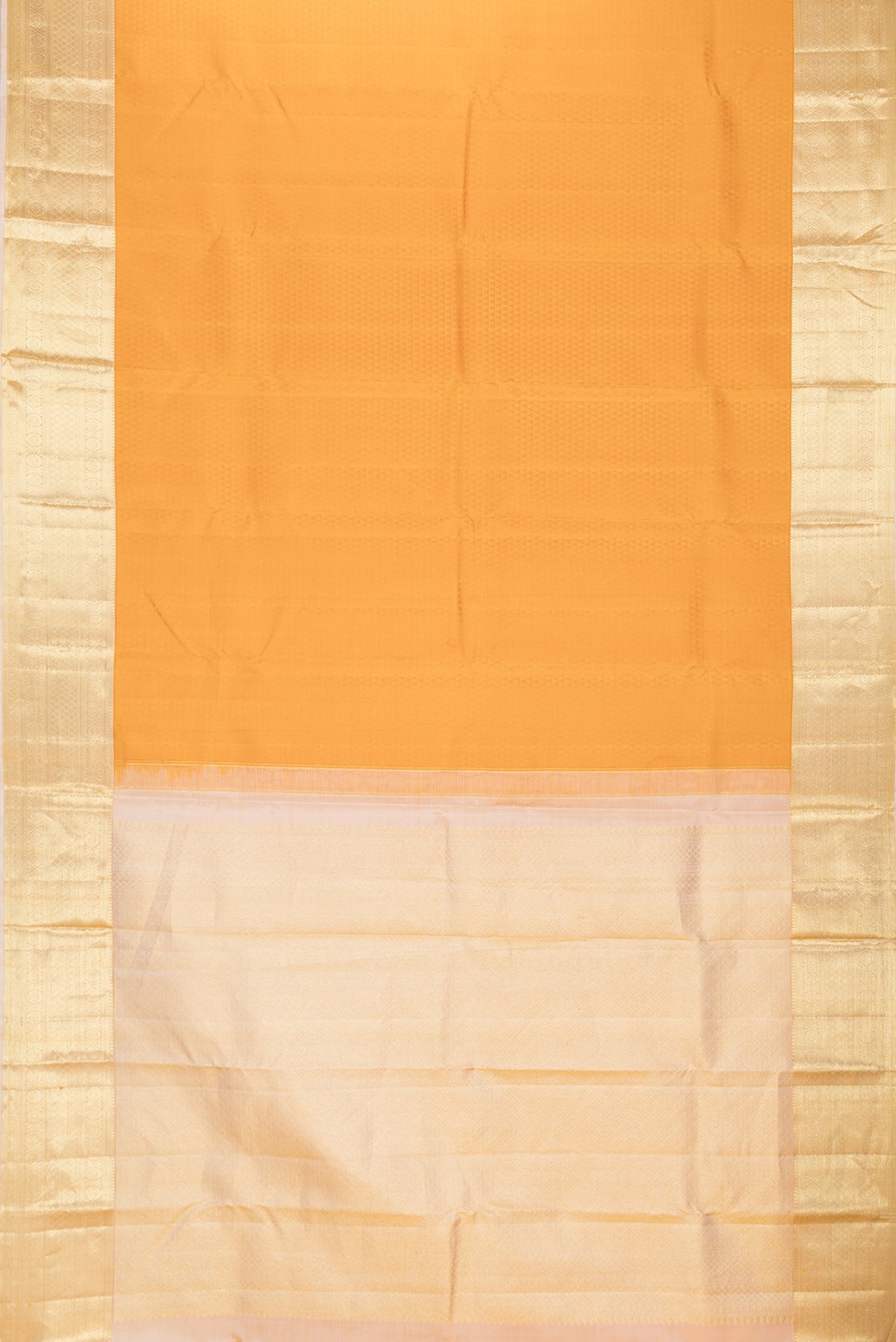 Flat view of Mustard Dual Tone Kanjivaram Silk Saree with Jacquard design on the body and Zari Border. 