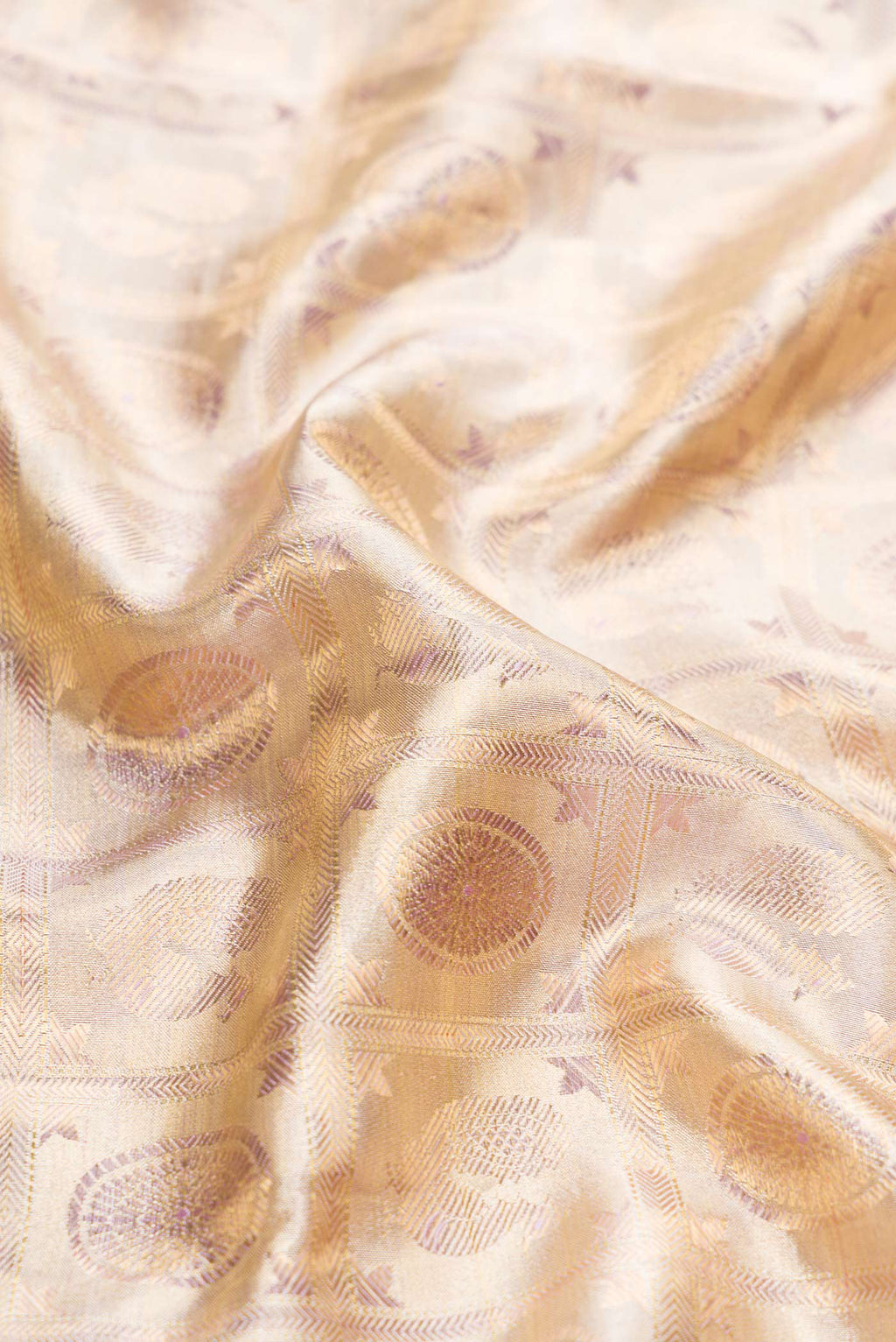 Close up of Gold Dual Tone Kanjivaram Tissue Silk Saree with Zari Brocade on the body and Zari Border.  displaying folds
