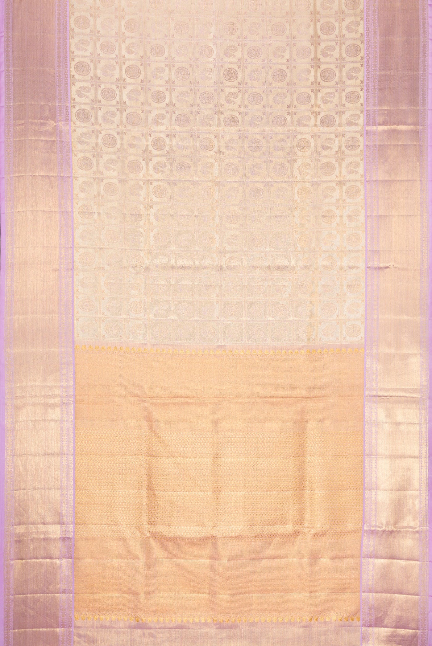 Flat view of Gold Dual Tone Kanjivaram Tissue Silk Saree with Zari Brocade on the body and Zari Border. 