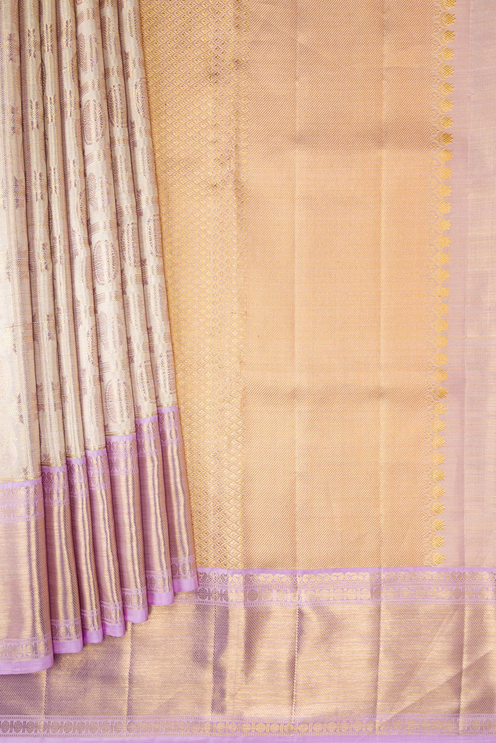 Pleats and pallu of Gold Dual Tone Kanjivaram Tissue Silk Saree with Zari Brocade on the body and Zari Border. 