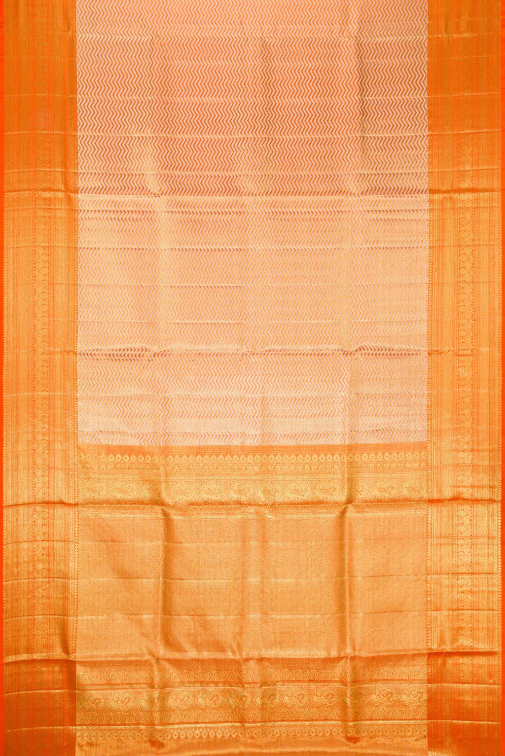 Flat view of Gold Dual Tone Kanjivaram Tissue Silk Saree with Zari Brocade on the body and Zari Border. 