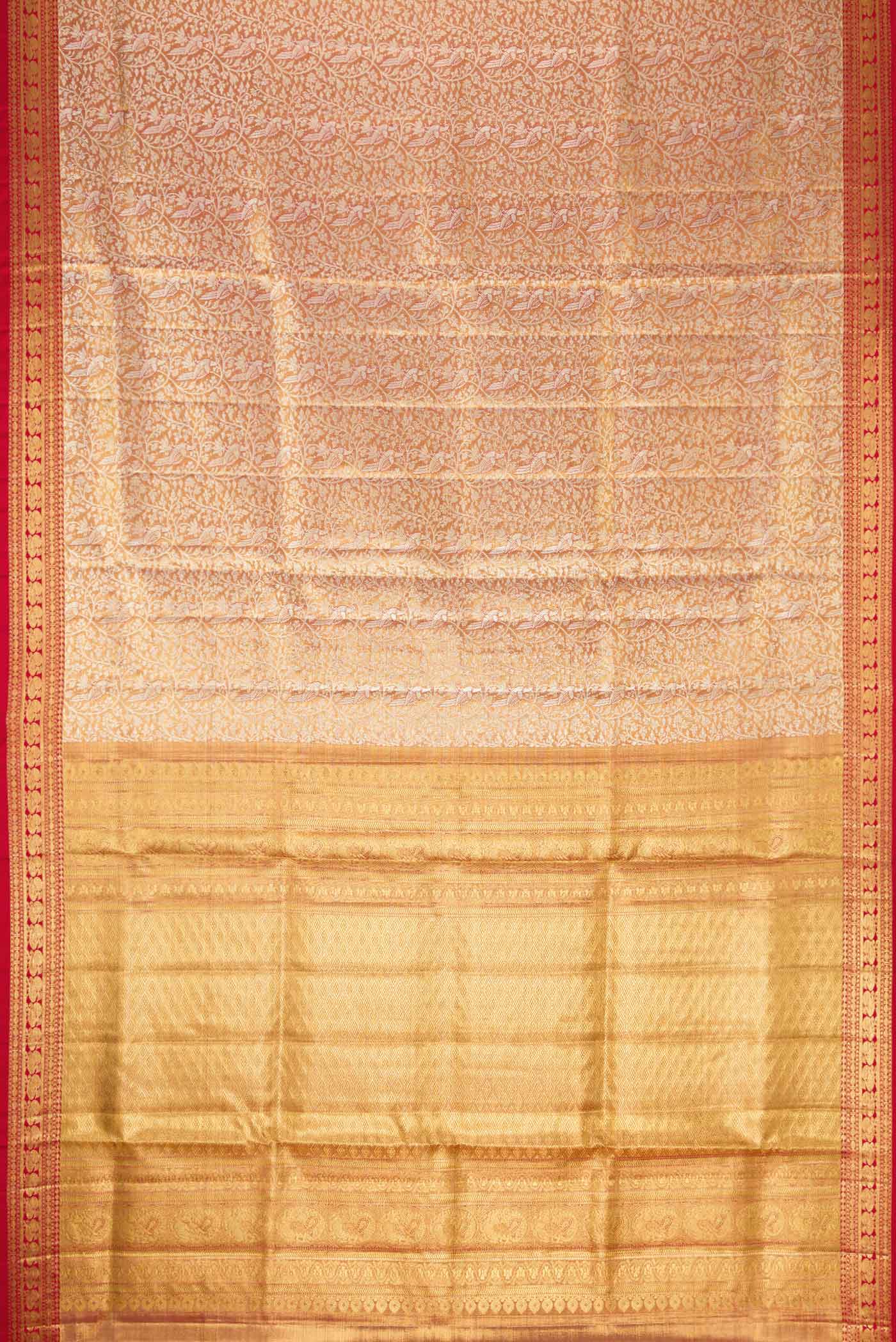 Flat view of Red Dual Tone Kanjivaram Tissue Silk Saree with Zari Brocade on the body and Zari Border. 