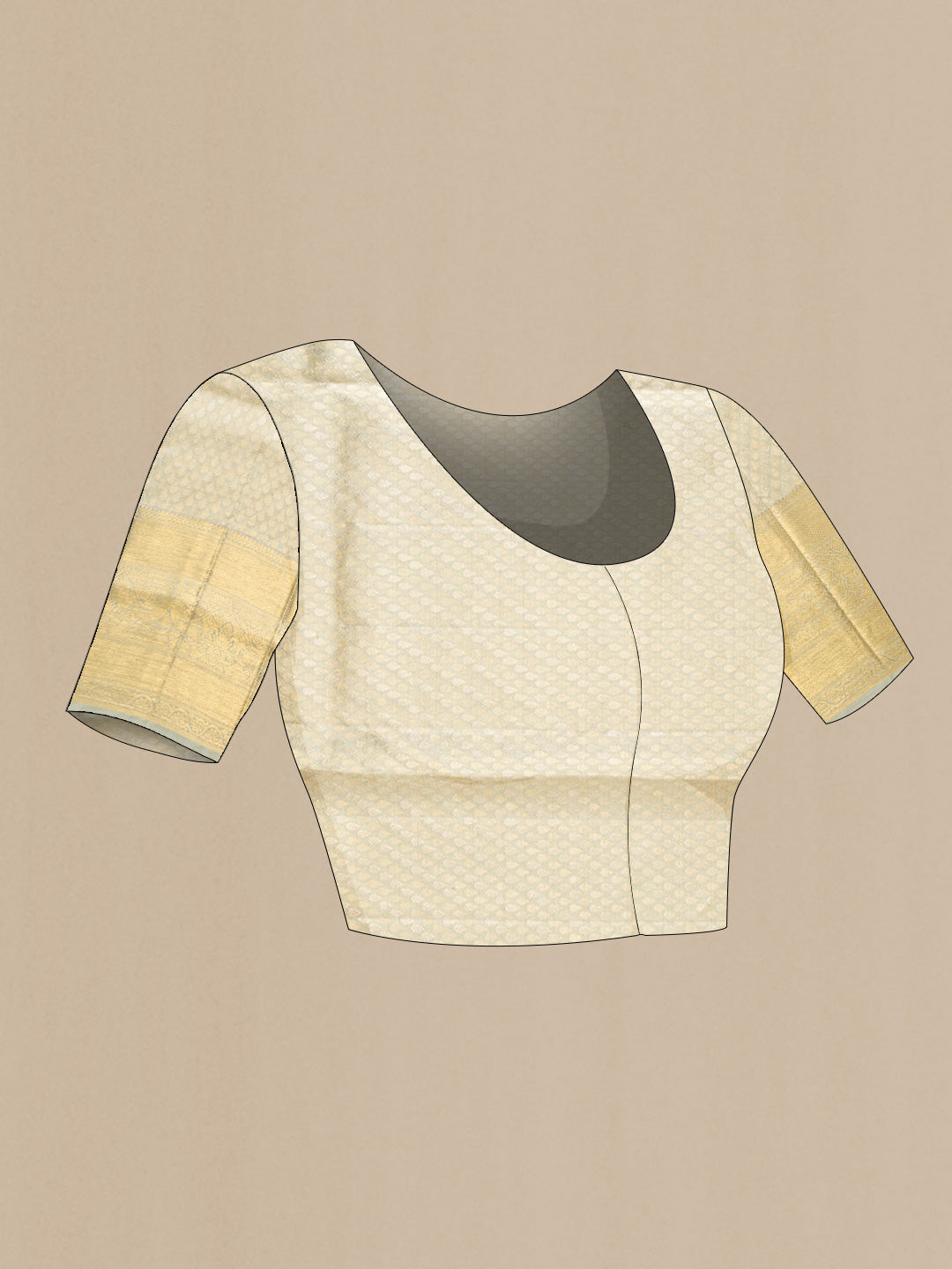 Close up image of the blouse of Grey Dual Tone Kanjivaram Tissue Silk Saree with Zari Brocade on the body and Zari Border. 