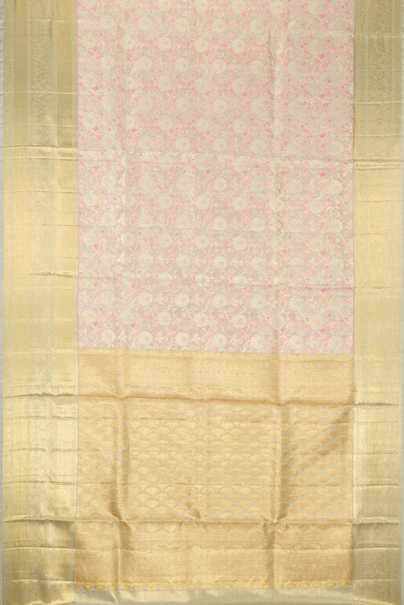 Flat view of Grey Dual Tone Kanjivaram Tissue Silk Saree with Zari Brocade on the body and Zari Border. 