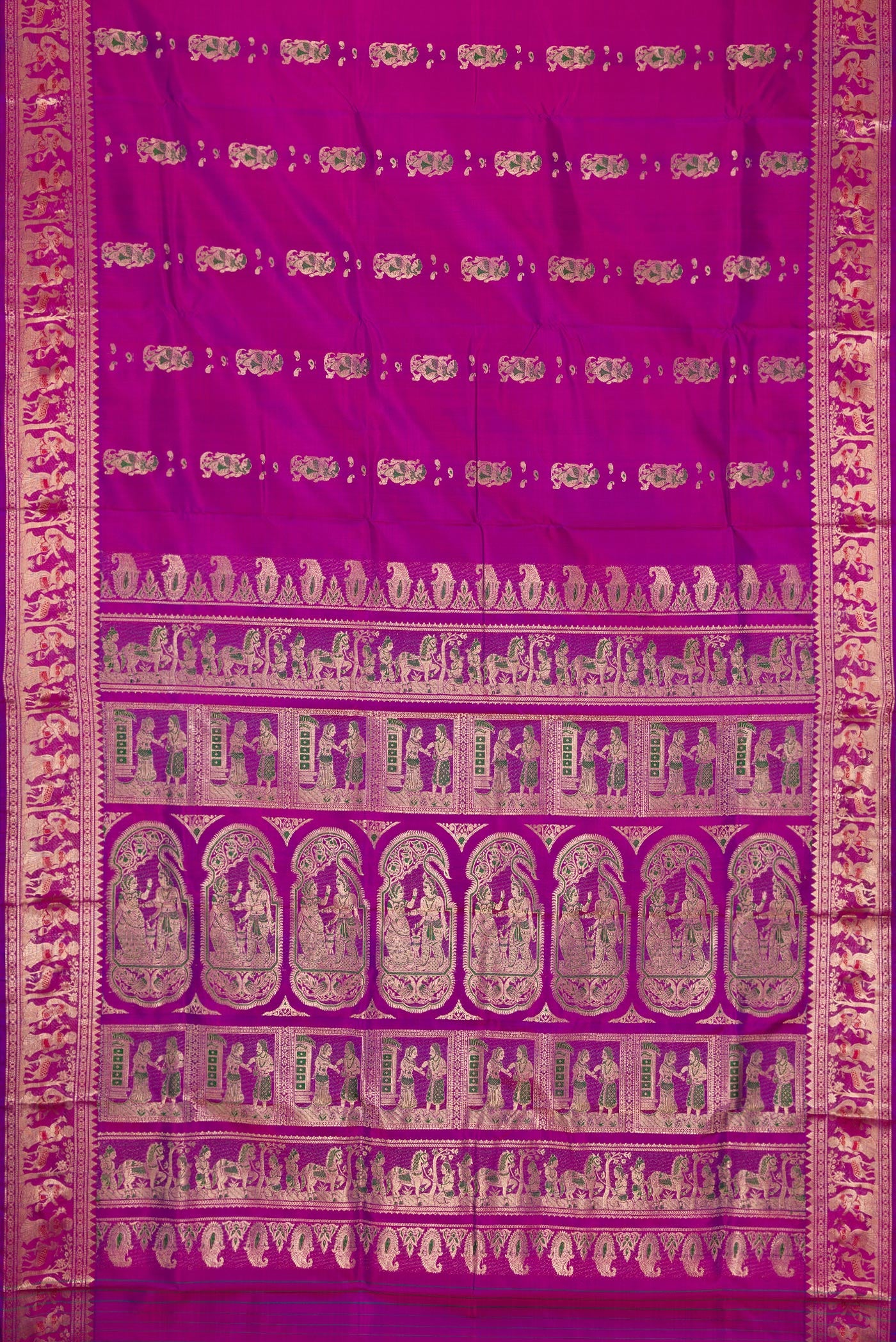 Flat view of Purple Dual Tone Baluchari Silk Saree with Zari And Thread Butta on the body and Zari Border. 