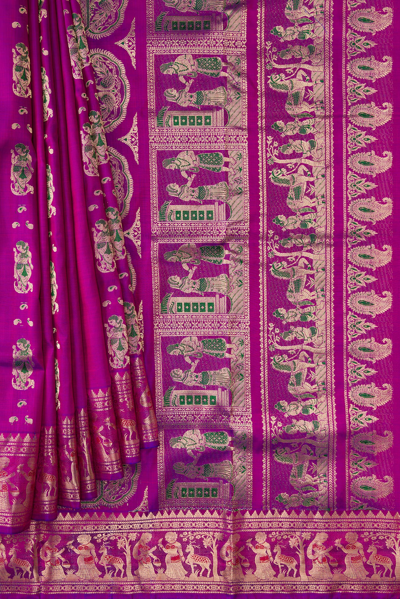 Pleats and pallu of Purple Dual Tone Baluchari Silk Saree with Zari And Thread Butta on the body and Zari Border. 