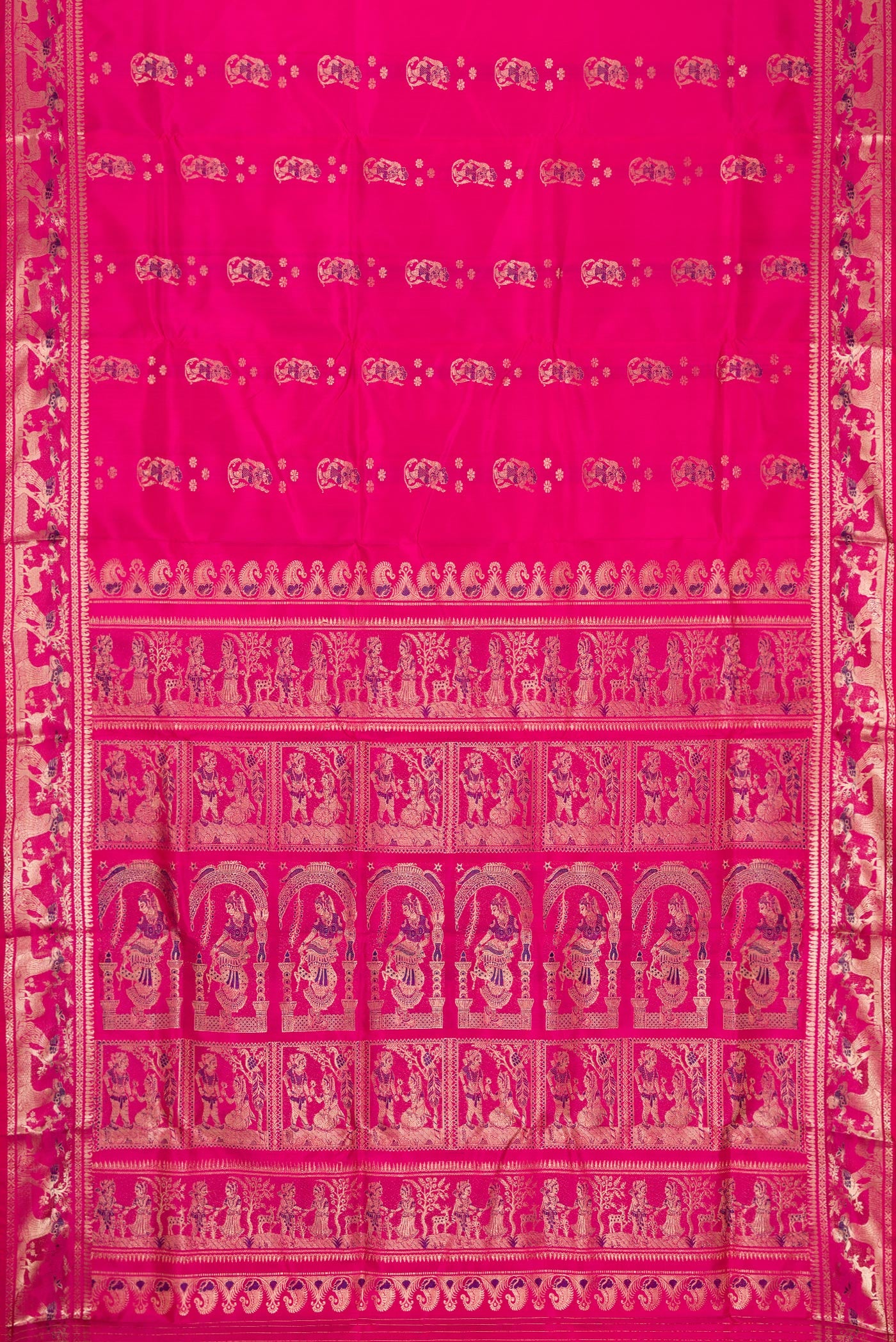 Flat view of Pink Dual Tone Baluchari Silk Saree with Zari And Thread Butta on the body and Zari Border. 