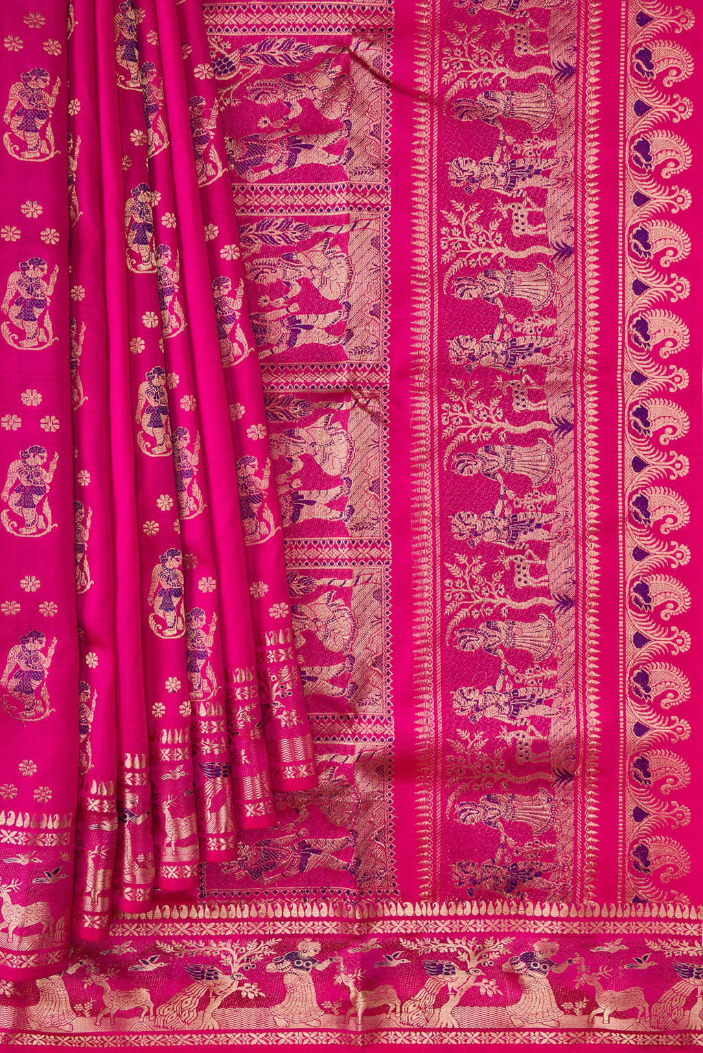 Pleats and pallu of Pink Dual Tone Baluchari Silk Saree with Zari And Thread Butta on the body and Zari Border. 