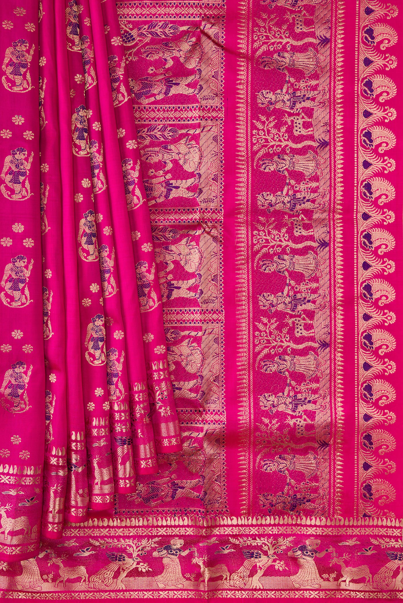 Pleats and pallu of Pink Dual Tone Baluchari Silk Saree with Zari And Thread Butta on the body and Zari Border. 