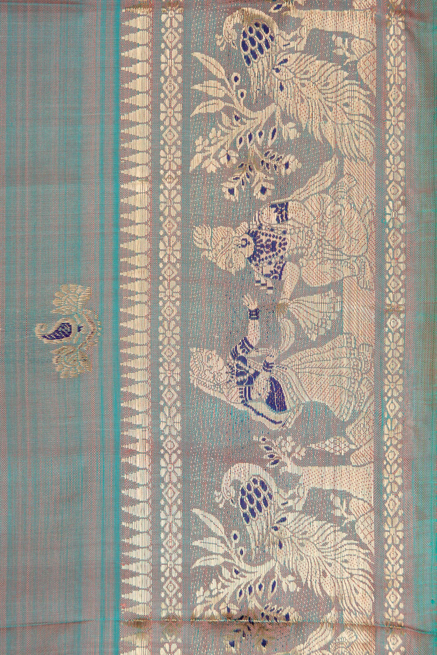 Border image of Blue Grey Dual Tone Baluchari Silk Saree with Zari And Thread Butta on the body and Fancy Border. 