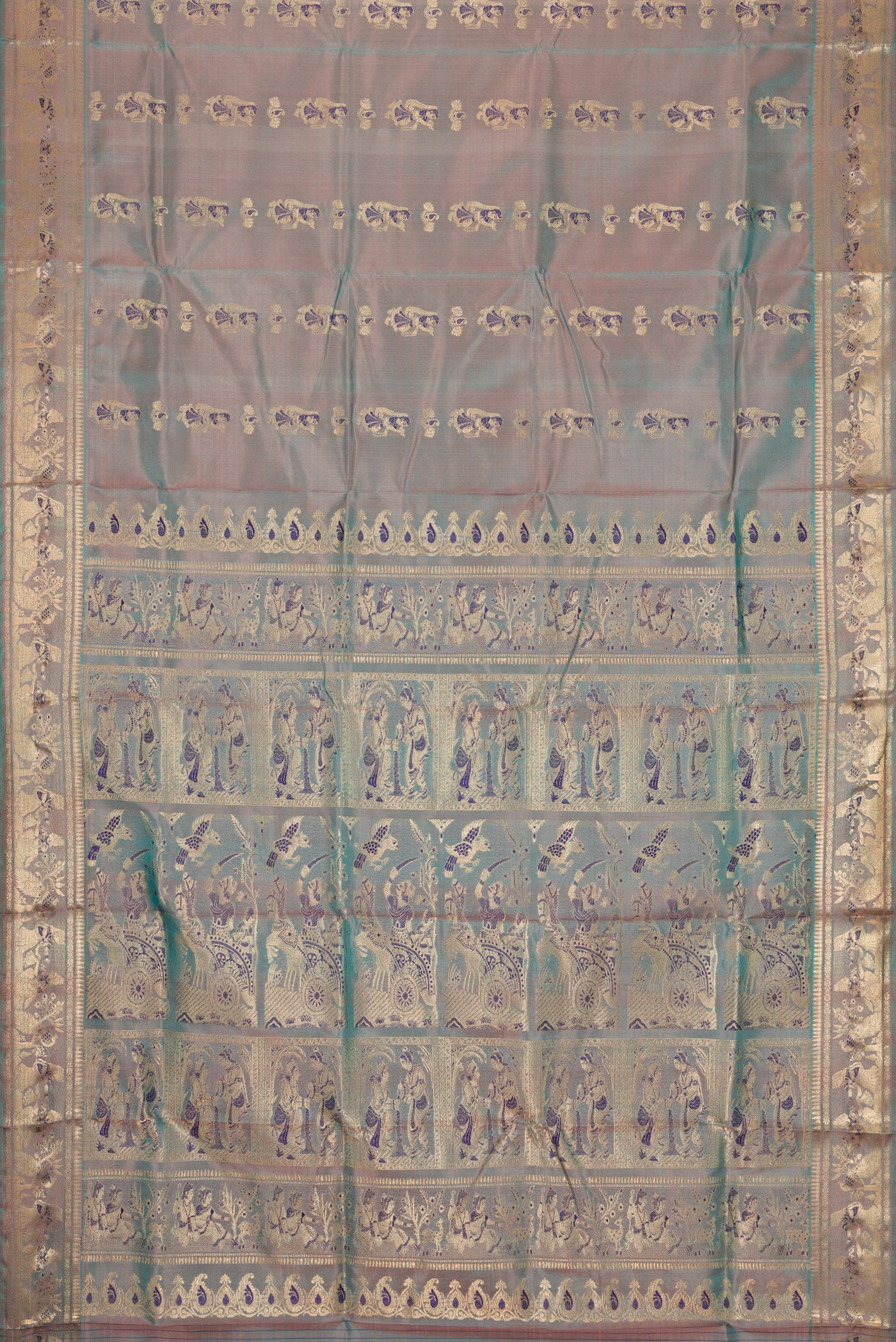 Flat view of Blue Grey Dual Tone Baluchari Silk Saree with Zari And Thread Butta on the body and Fancy Border. 