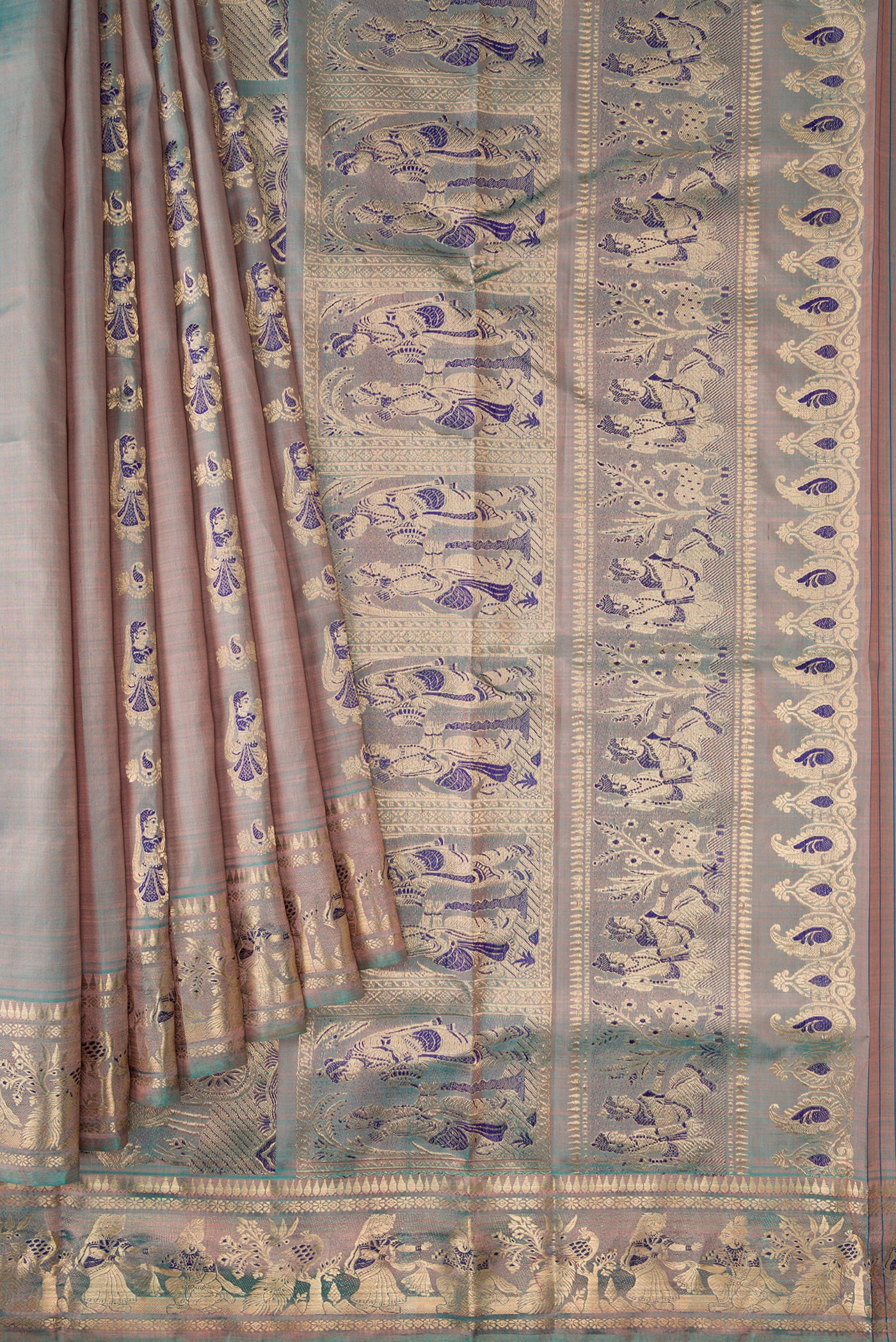 Pleats and pallu of Blue Grey Dual Tone Baluchari Silk Saree with Zari And Thread Butta on the body and Fancy Border. 