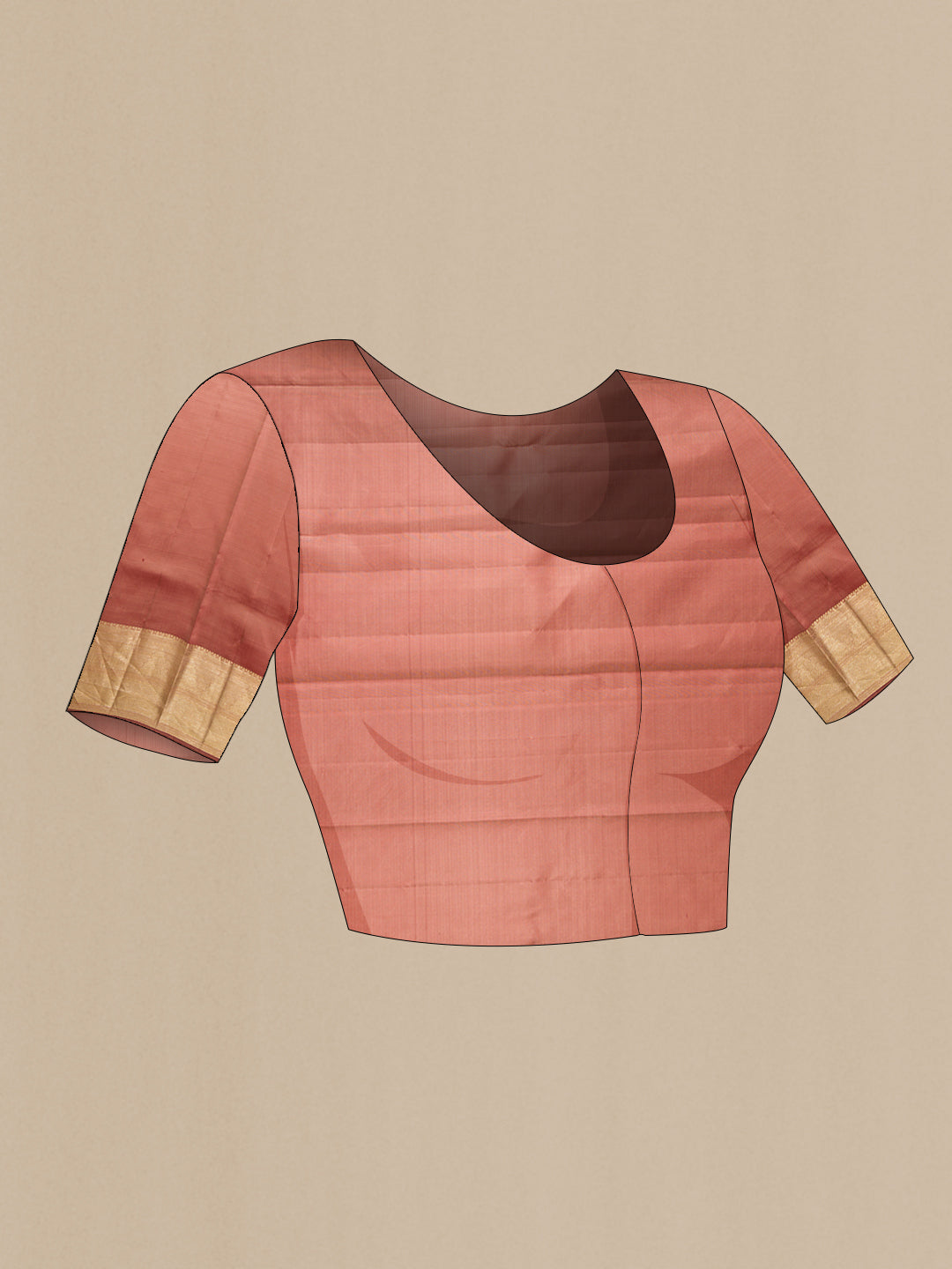 Close up image of the blouse of Rose Gold Dual Tone Kanchipuram Silk Saree with Zari Brocade on the body and Zari Border. 