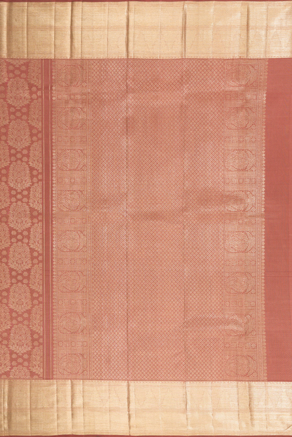 Close up image of the pallu of Rose Gold Dual Tone Kanchipuram Silk Saree with Zari Brocade on the body and Zari Border. 