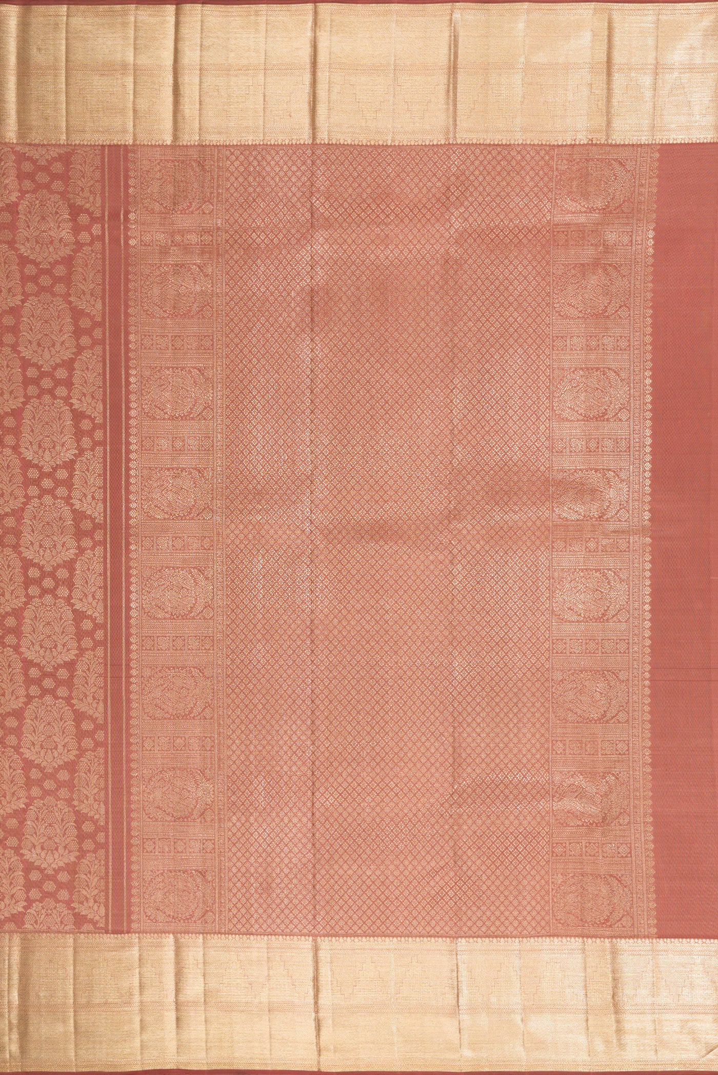 Close up image of the pallu of Rose Gold Dual Tone Kanchipuram Silk Saree with Zari Brocade on the body and Zari Border. 