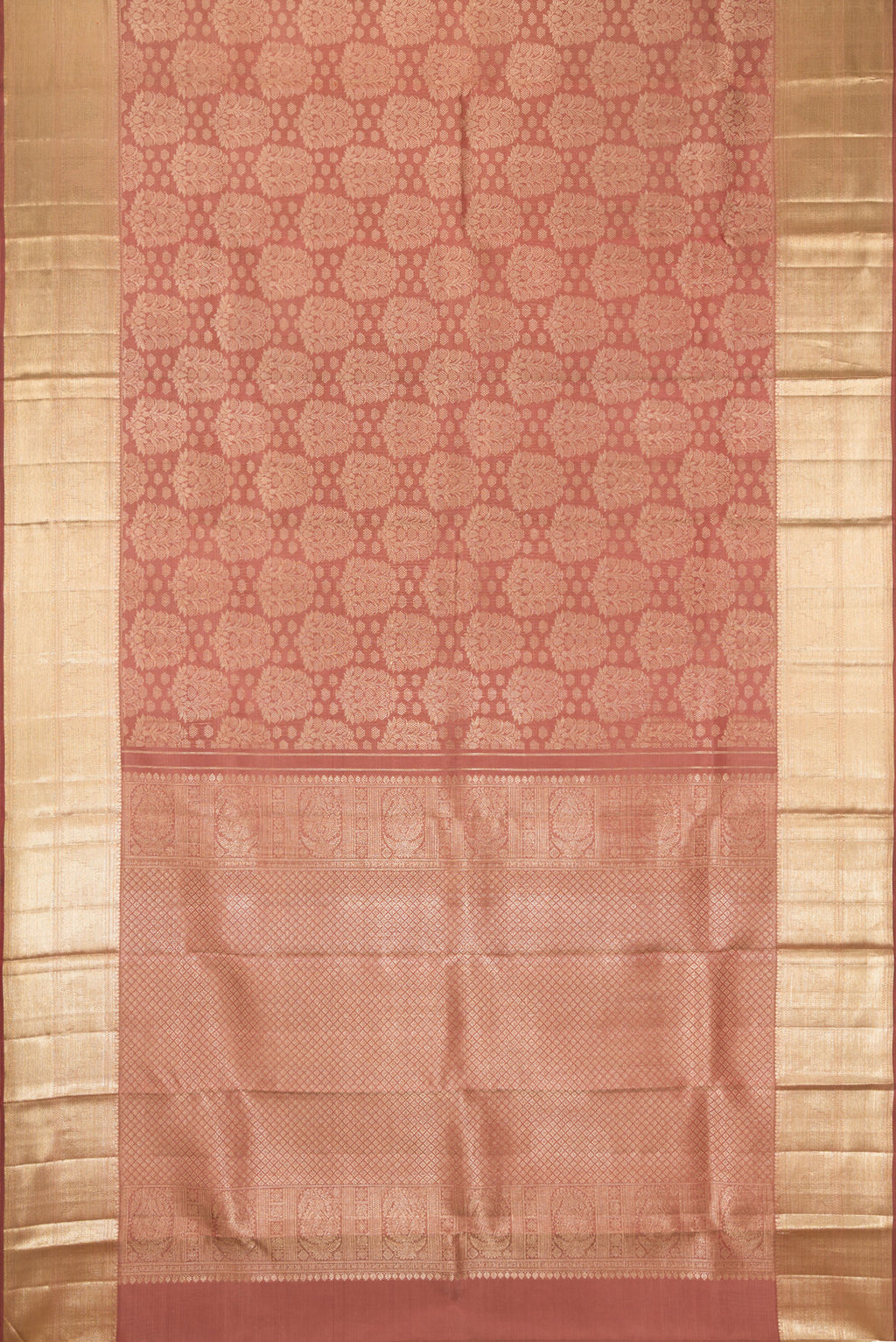 Flat view of Rose Gold Dual Tone Kanchipuram Silk Saree with Zari Brocade on the body and Zari Border. 