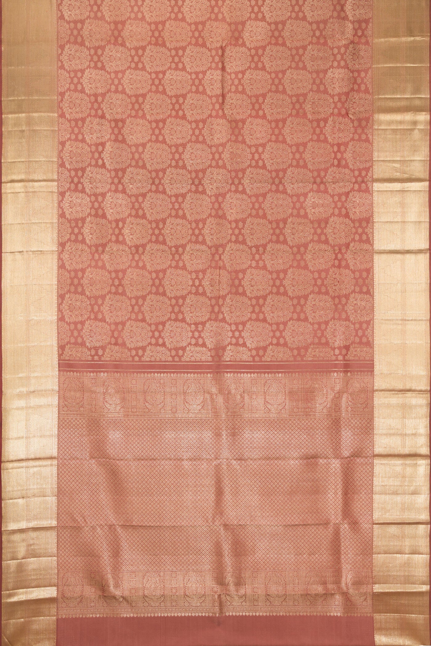 Flat view of Rose Gold Dual Tone Kanchipuram Silk Saree with Zari Brocade on the body and Zari Border. 