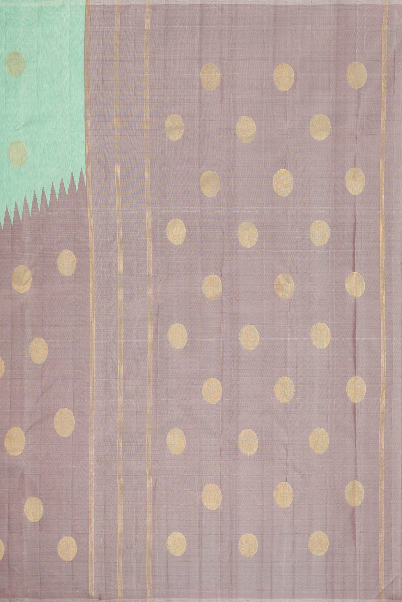 Close up image of the pallu of Pure Silk Pure Zari Sea Green Kanchipuram Saree with Zari Butta on the body and Rising Temple Border