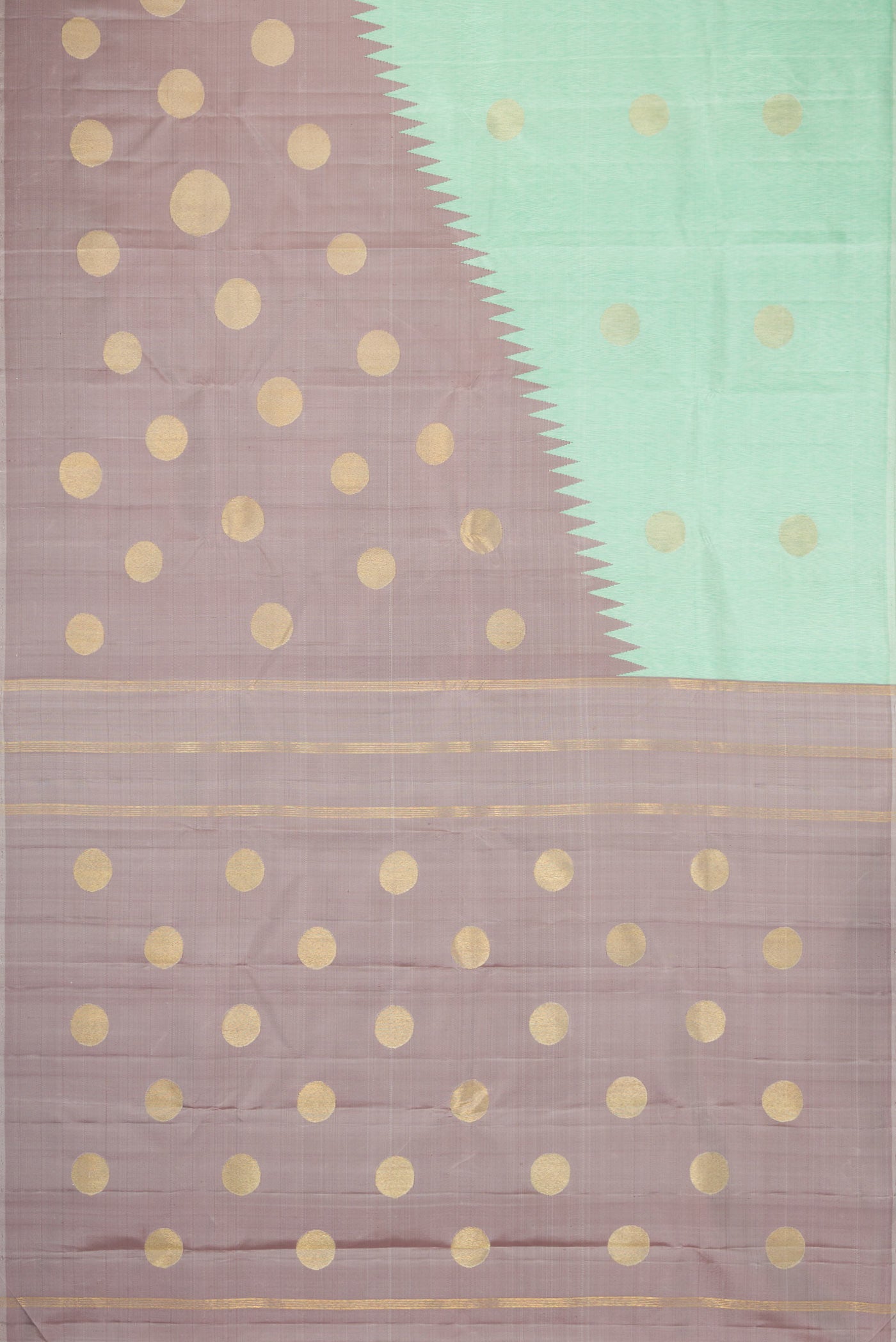 Flat view of Pure Silk Pure Zari Sea Green Kanchipuram Saree with Zari Butta on the body and Rising Temple Border