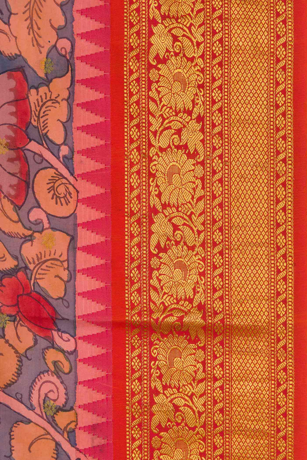 Border image of Blue Dual Tone Kanchipuram Silk Saree with kalamkari Print on the body and Ganga Jamuna Border. 