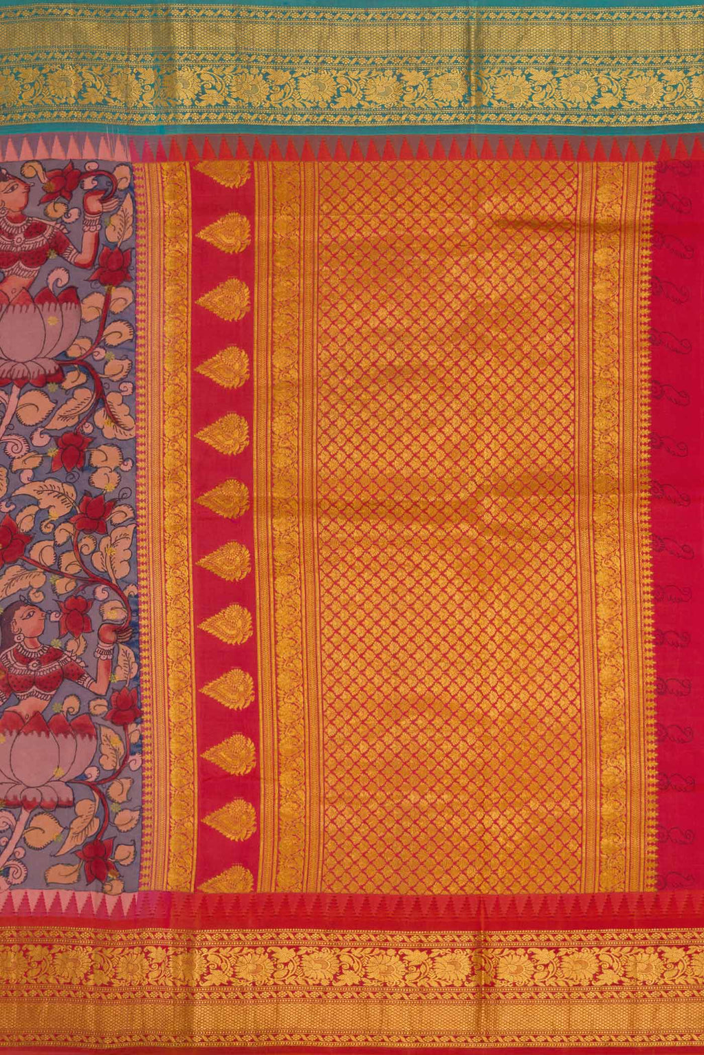 Close up image of the pallu of Blue Dual Tone Kanchipuram Silk Saree with kalamkari Print on the body and Ganga Jamuna Border. 