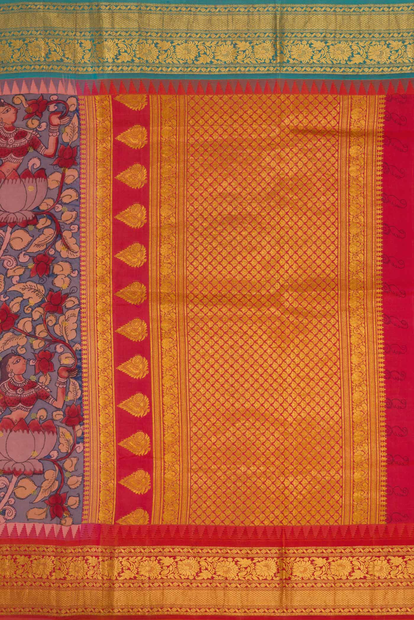 Close up image of the pallu of Blue Dual Tone Kanchipuram Silk Saree with kalamkari Print on the body and Ganga Jamuna Border. 