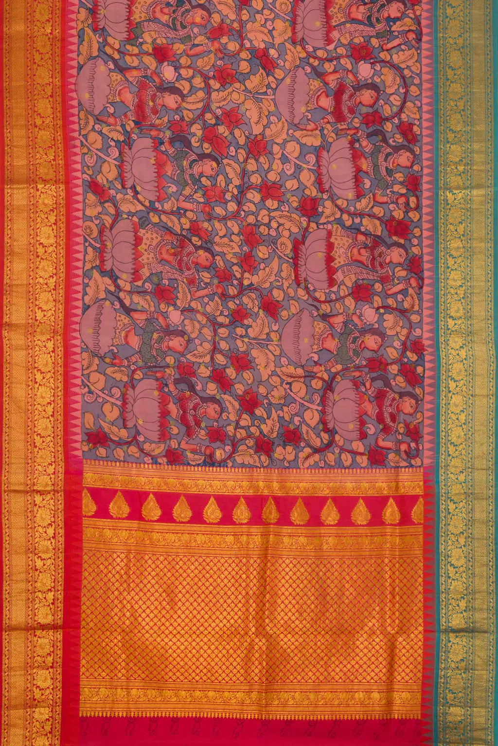Flat view of Blue Dual Tone Kanchipuram Silk Saree with kalamkari Print on the body and Ganga Jamuna Border. 