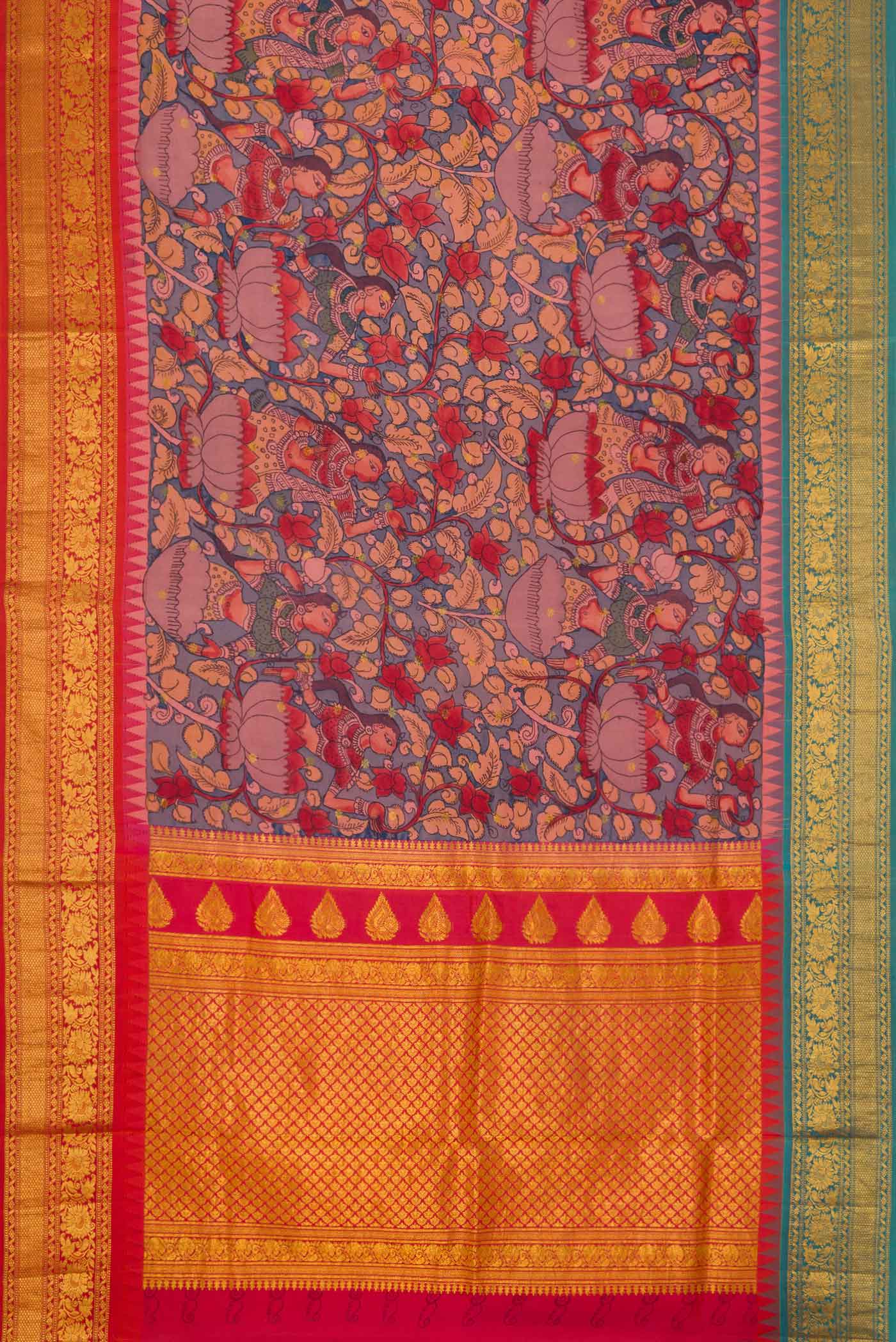 Flat view of Blue Dual Tone Kanchipuram Silk Saree with kalamkari Print on the body and Ganga Jamuna Border. 
