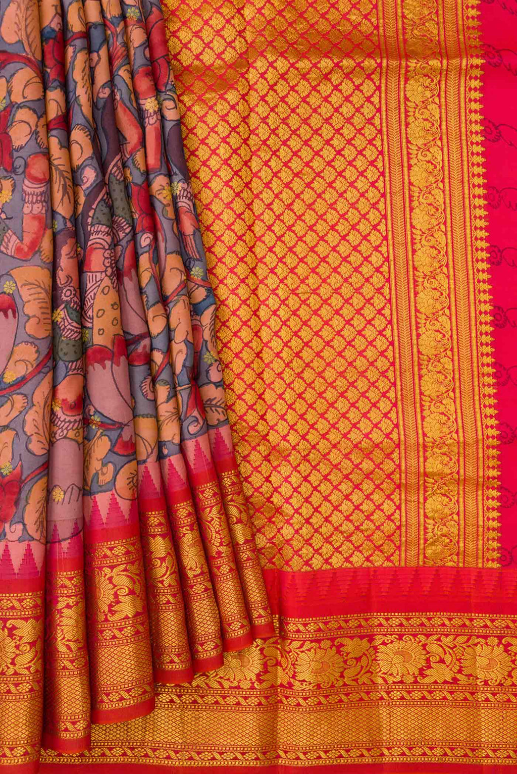 Pleats and pallu of Blue Dual Tone Kanchipuram Silk Saree with kalamkari Print on the body and Ganga Jamuna Border. 
