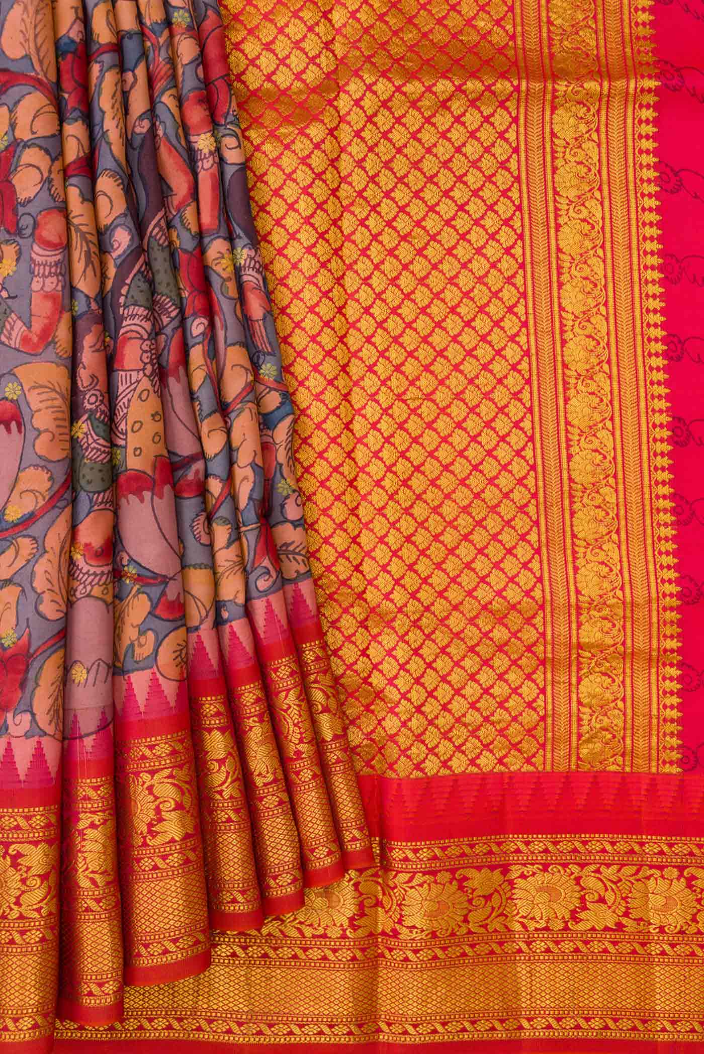 Pleats and pallu of Blue Dual Tone Kanchipuram Silk Saree with kalamkari Print on the body and Ganga Jamuna Border. 
