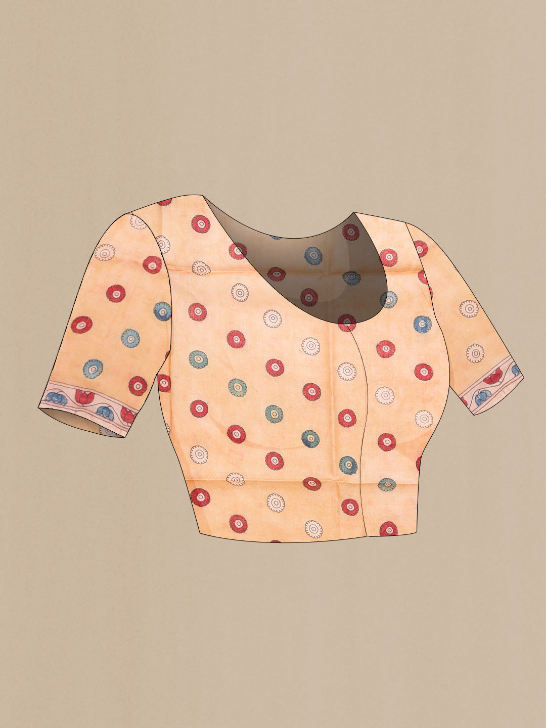 Close up image of the blouse of Rose Gold Dual Tone Tussar Silk Saree with kalamkari Print on the body and Fancy Border. 