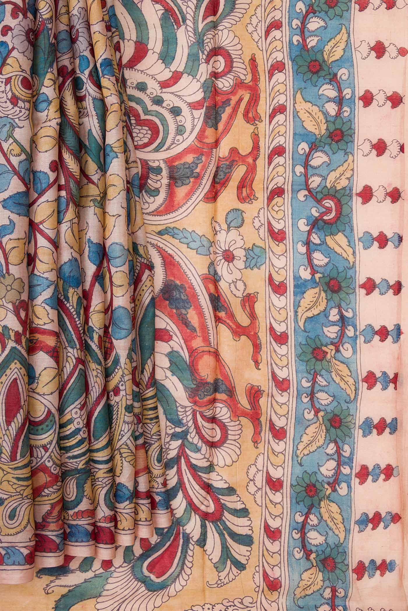 Pleats and pallu of Rose Gold Dual Tone Tussar Silk Saree with kalamkari Print on the body and Fancy Border. 