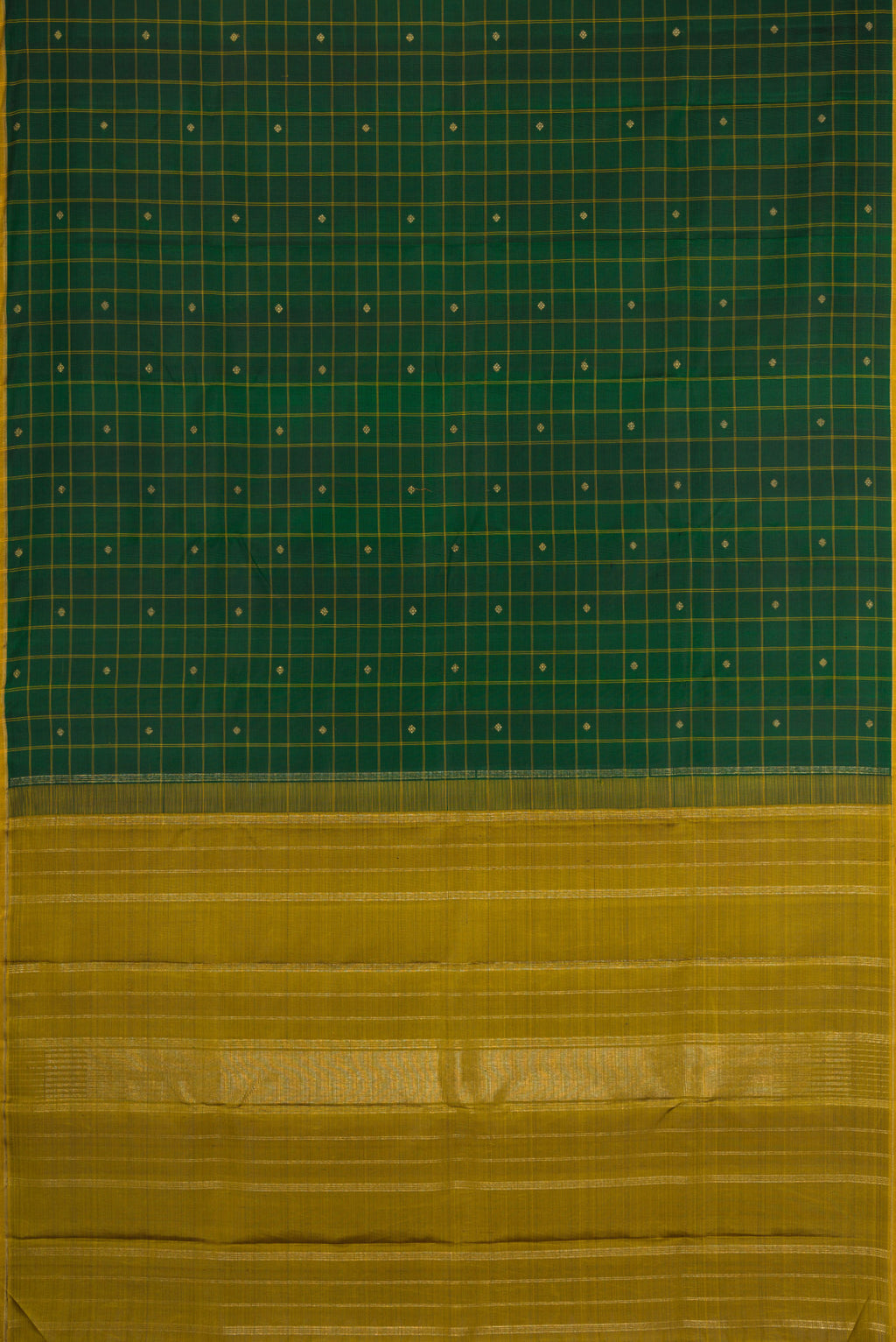 Flat view of Bottle Green Kanchipuram Silk Saree with Checked design on the body and Thin Zari Line. 