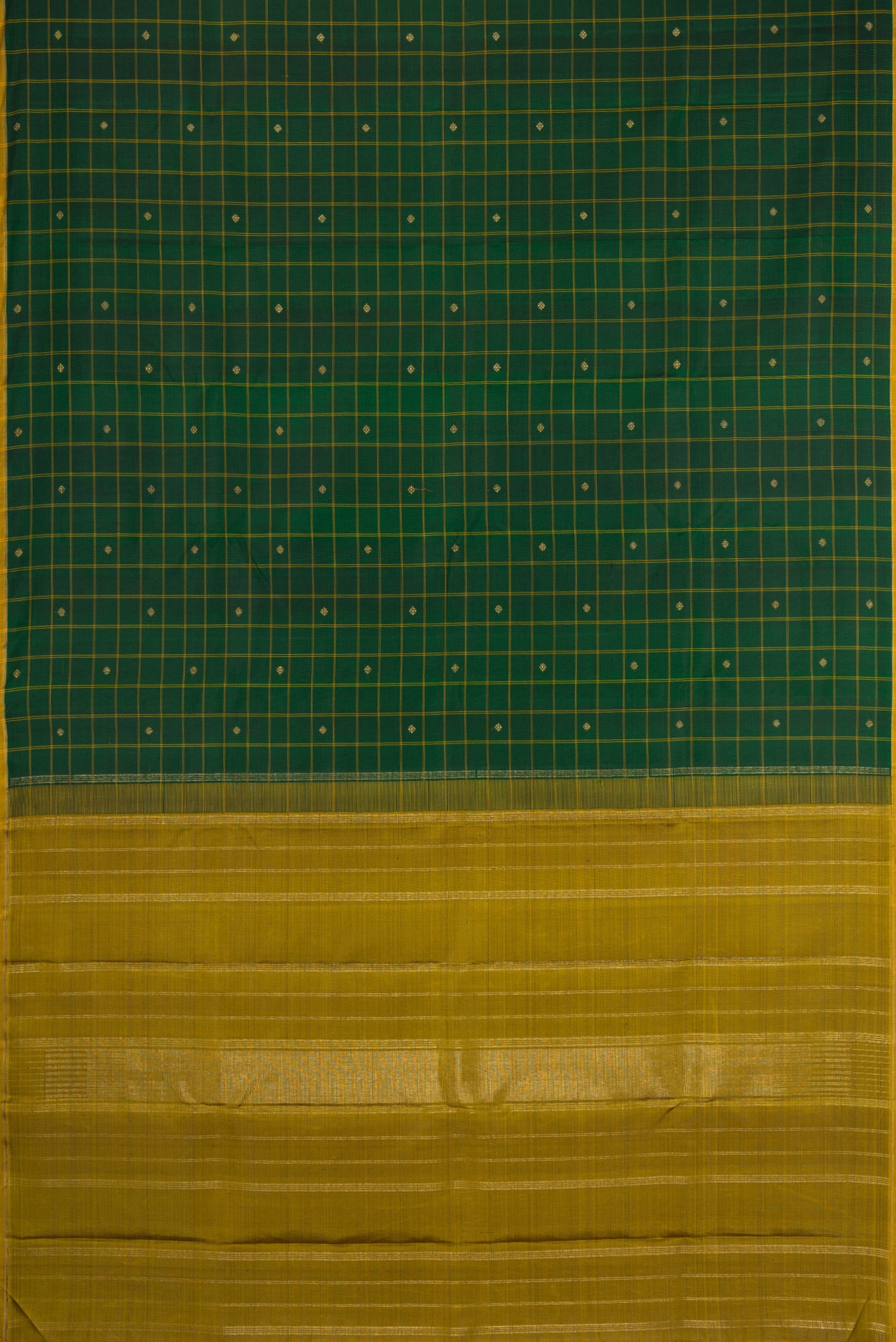 Flat view of Bottle Green Kanchipuram Silk Saree with Checked design on the body and Thin Zari Line. 