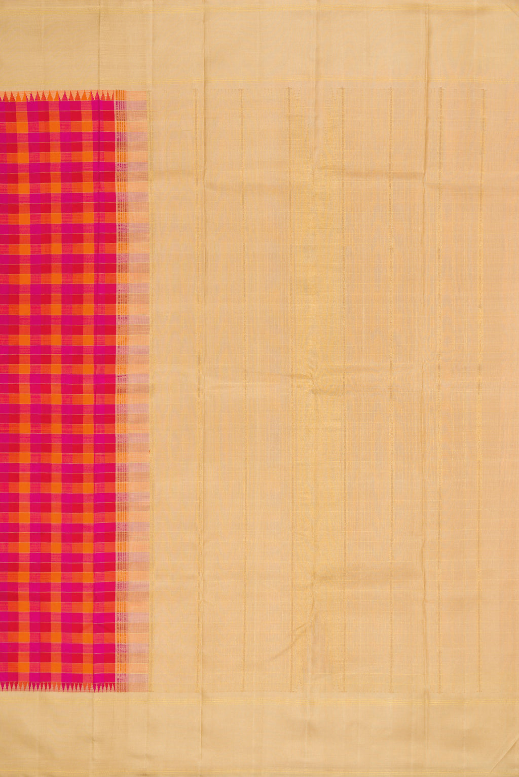 Close up image of the pallu of Pure Silk Pure Zari Red, Pink and Maroon Color Kanchipuram Saree with Checked design on the body and Zari Border. 