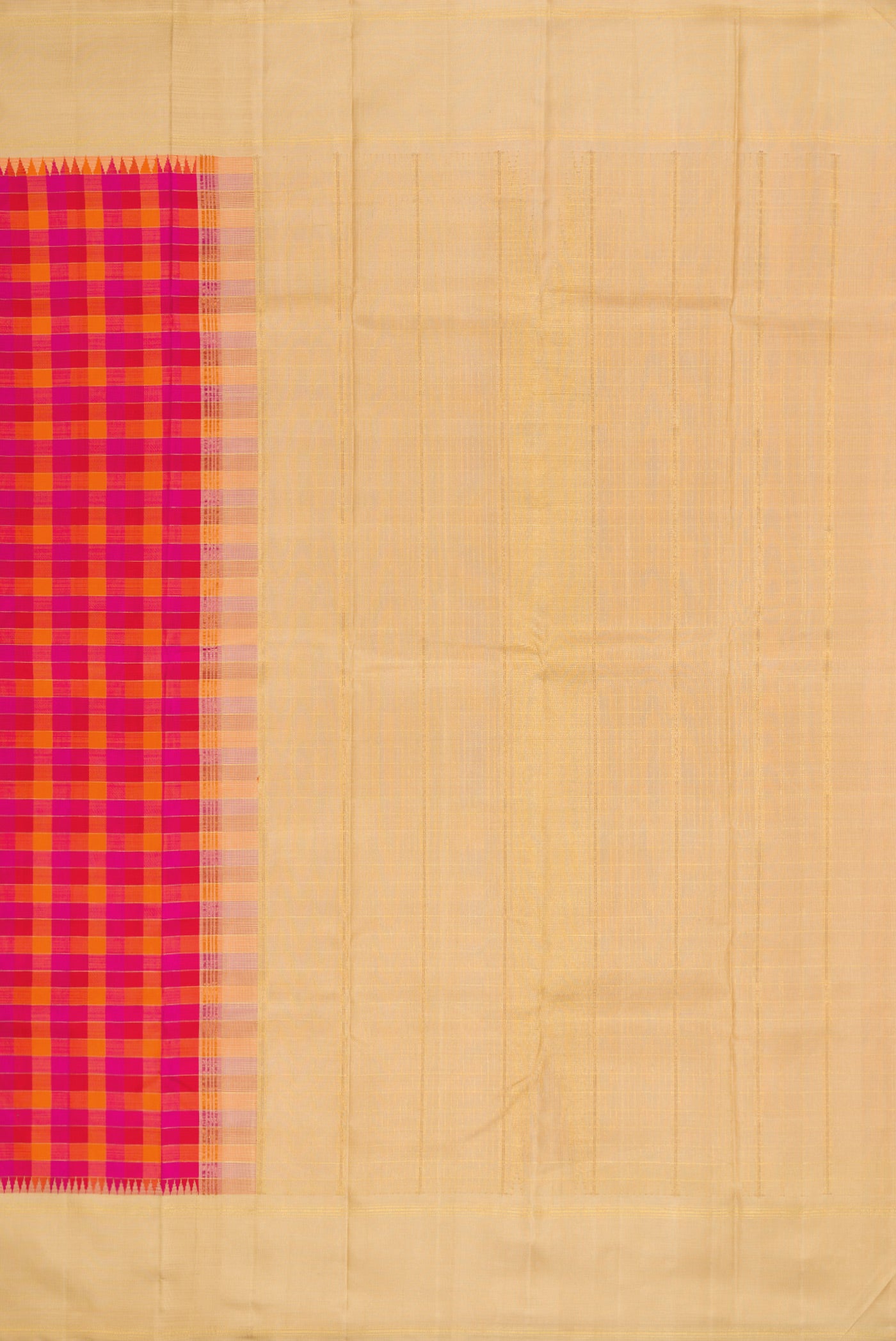 Close up image of the pallu of Pure Silk Pure Zari Red, Pink and Maroon Color Kanchipuram Saree with Checked design on the body and Zari Border. 