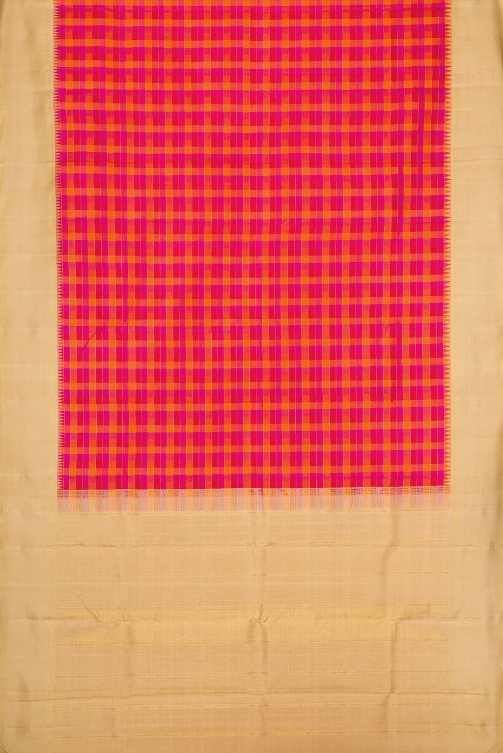 Flat view of Pure Silk Pure Zari Red, Pink and Maroon Color Kanchipuram Saree with Checked design on the body and Zari Border. 