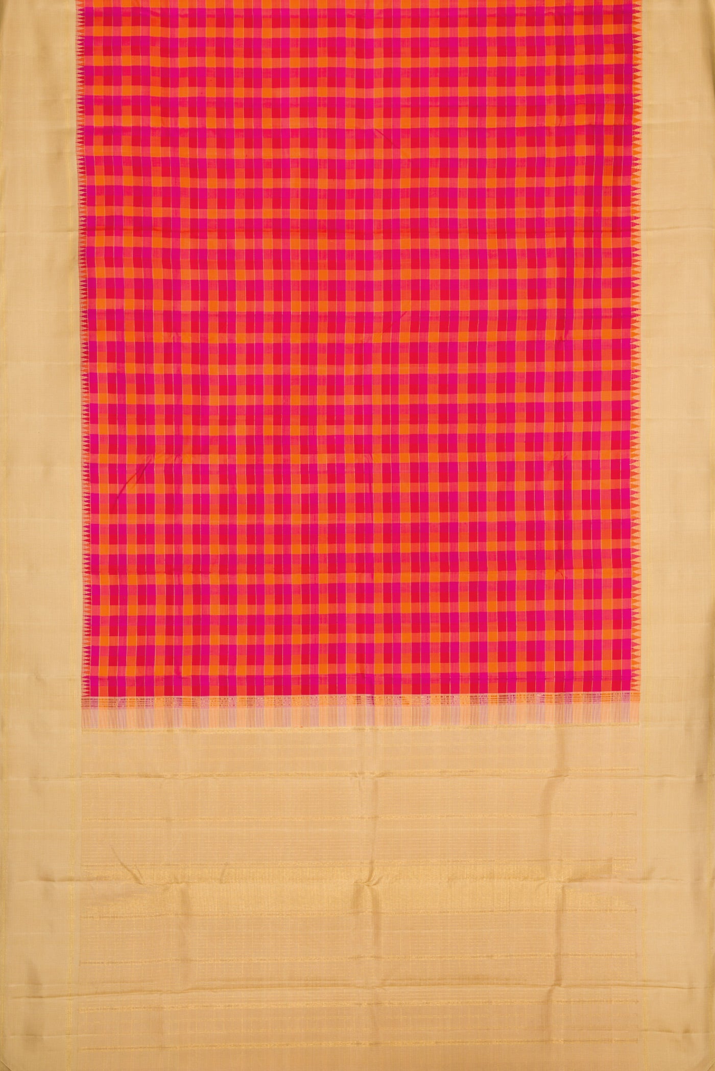Flat view of Pure Silk Pure Zari Red, Pink and Maroon Color Kanchipuram Saree with Checked design on the body and Zari Border. 