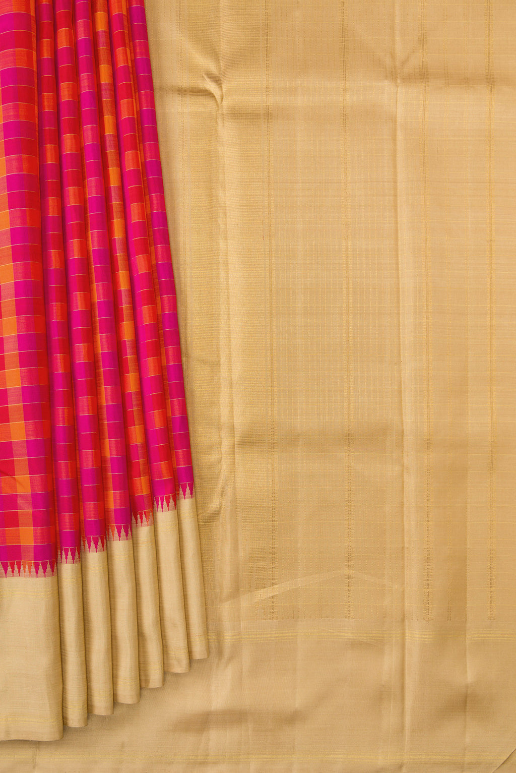 Pleats and pallu of Pure Silk Pure Zari Red, Pink and Maroon Color Kanchipuram Saree with Checked design on the body and Zari Border. 