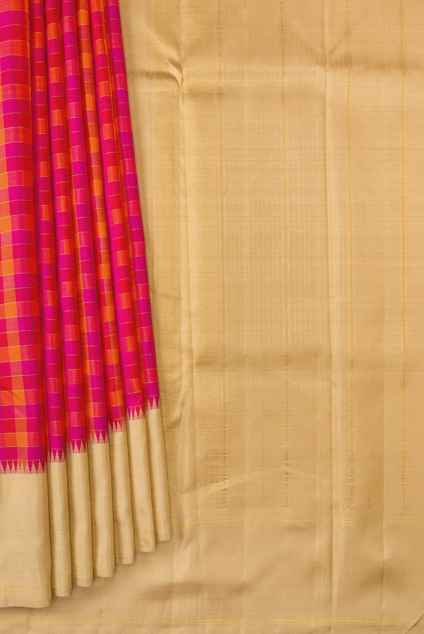 Pleats and pallu of Pure Silk Pure Zari Red, Pink and Maroon Color Kanchipuram Saree with Checked design on the body and Zari Border. 
