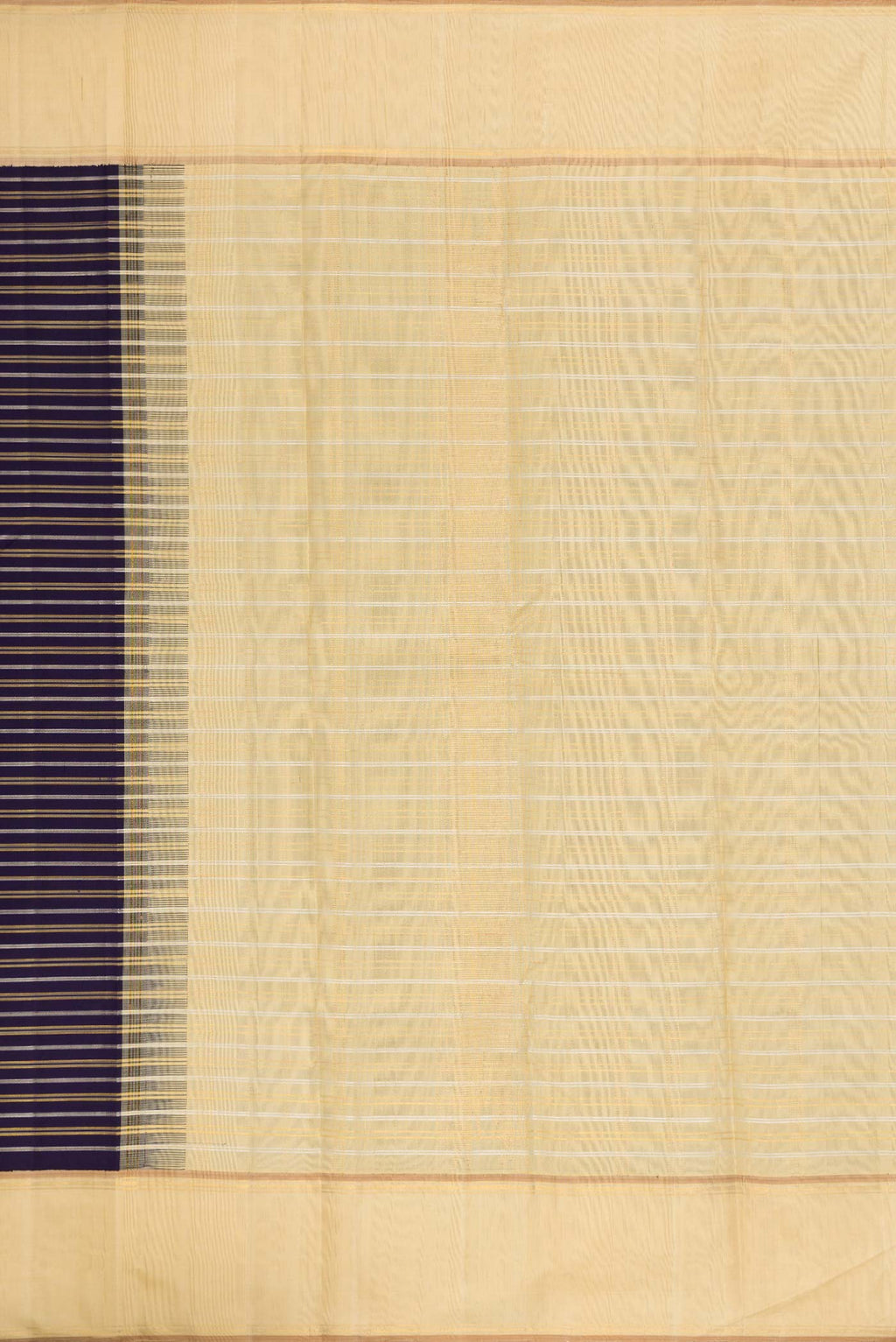 Close up image of the pallu of Navy Blue Dual Tone Kanchipuram Silk Saree with Stripes on the body and Zari Border. 