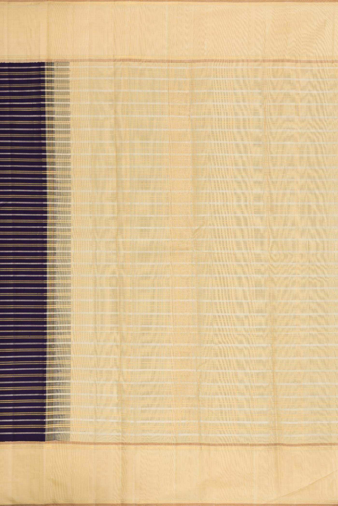 Close up image of the pallu of Navy Blue Dual Tone Kanchipuram Silk Saree with Stripes on the body and Zari Border. 